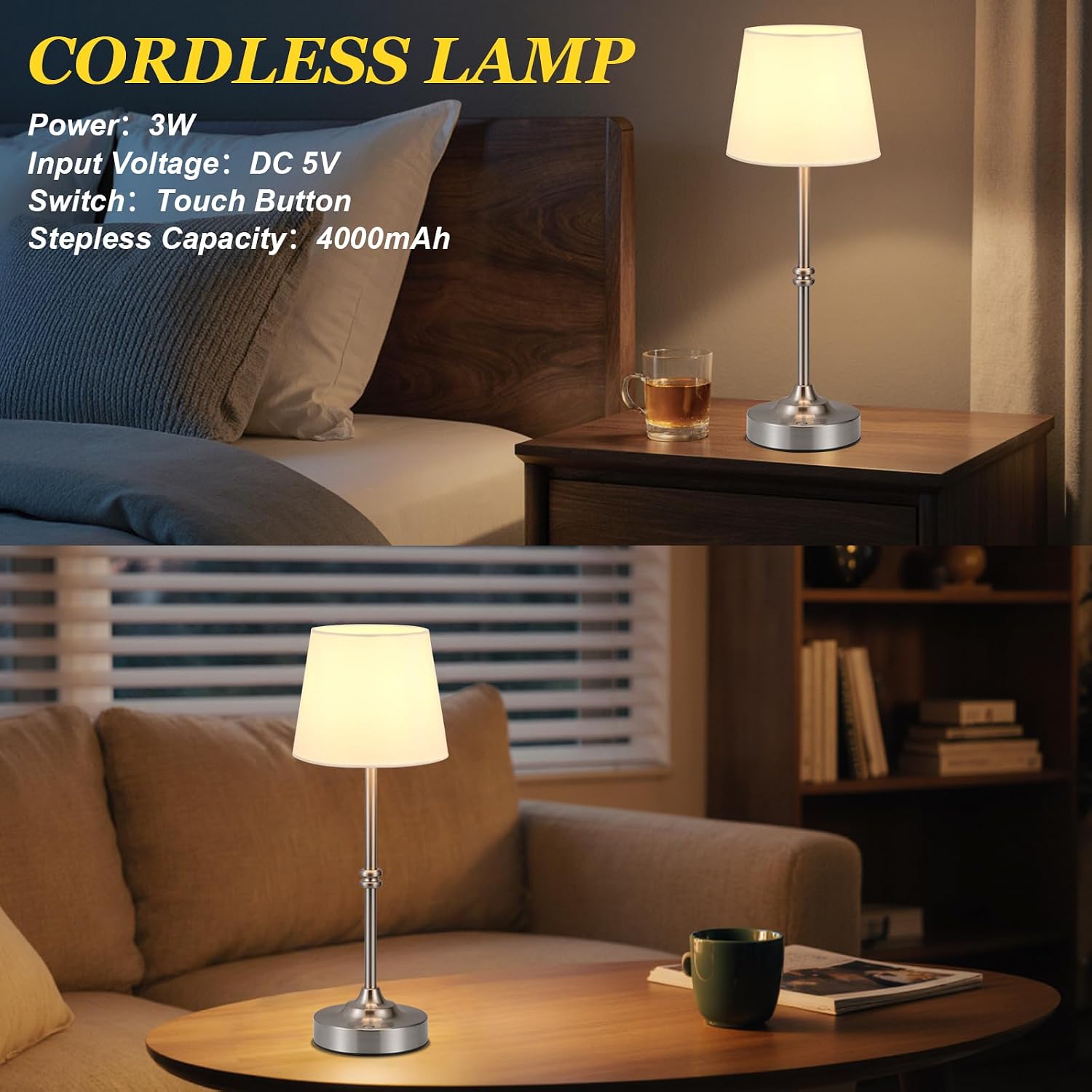 Kakanuo Rechargeable Cordless Table Lamp Silver - 1 Pack 4000mAh Battery Operated Lamp, 3000K Warm Light, Touch Control Stepless Dimming…