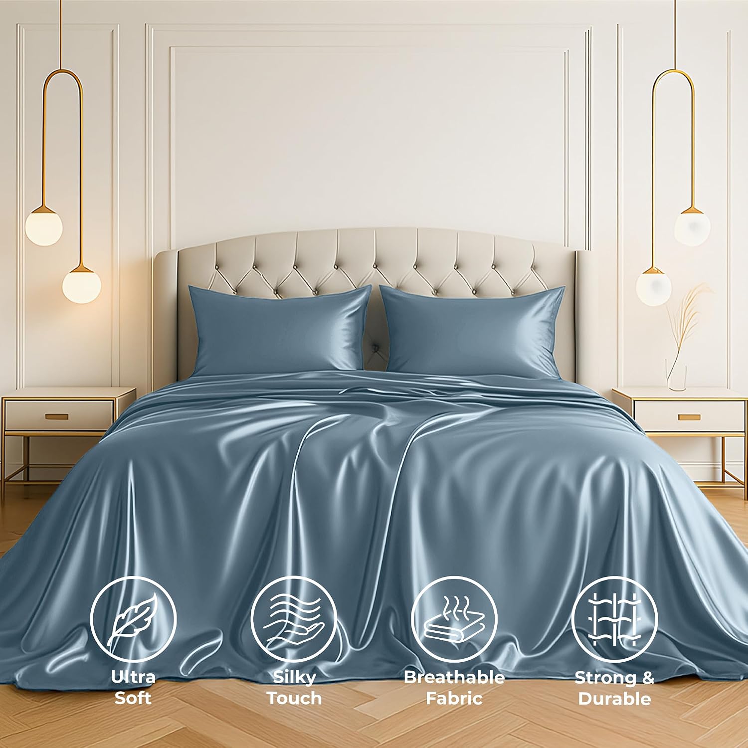 PureBedding Satin Sheets Full [4-Piece, Skyblue] Hotel Luxury Silky Bed Sheets - Extra Soft 1800 Microfiber Sheet Set, Wrinkle, Fade, Stain…