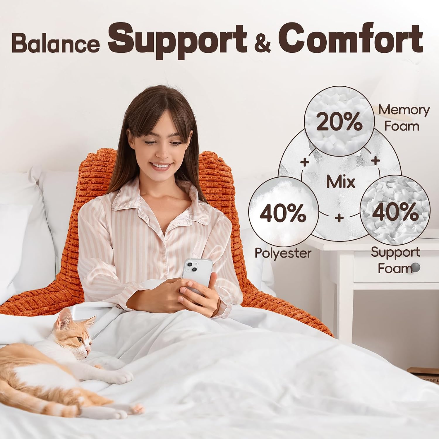 Luisof 21" Higher Large Reading Pillow for Bed Adult, Back Pillow for Bed Sitting Up with Memory Foam Back Support with Arms Rest for Couch…