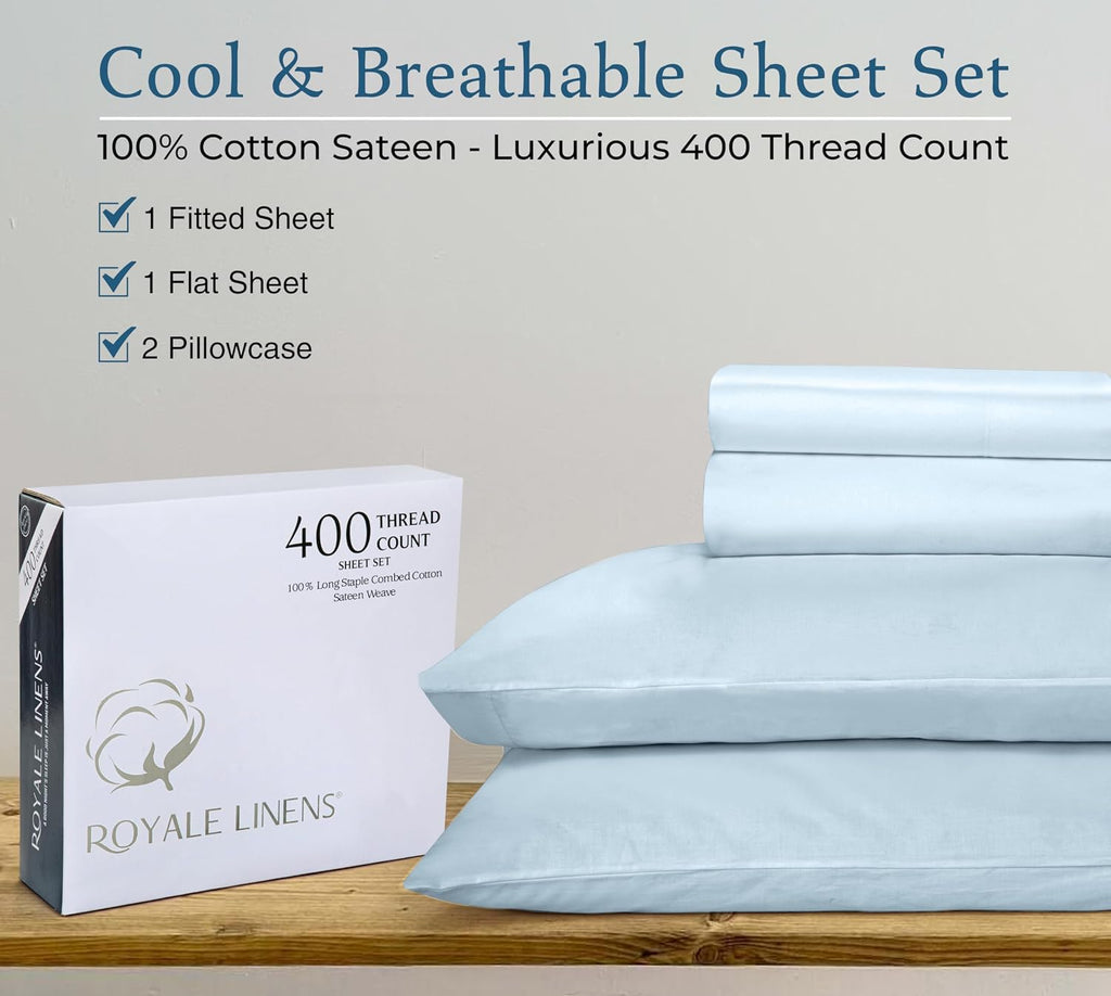 Royalelinens ROYALE LINENS 400 Thread Count 100% American Grown Cotton 4 Piece Sateen King Sheet Set - 1 Fitted Sheet, 1 Flat Sheet, 2 Pill…