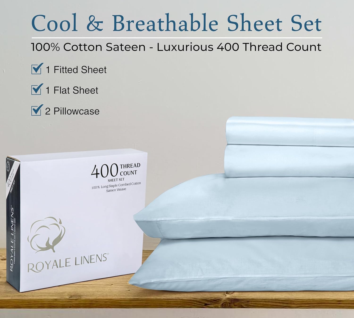 Royalelinens ROYALE LINENS 400 Thread Count 100% American Grown Cotton 4 Piece Sateen King Sheet Set - 1 Fitted Sheet, 1 Flat Sheet, 2 Pill…