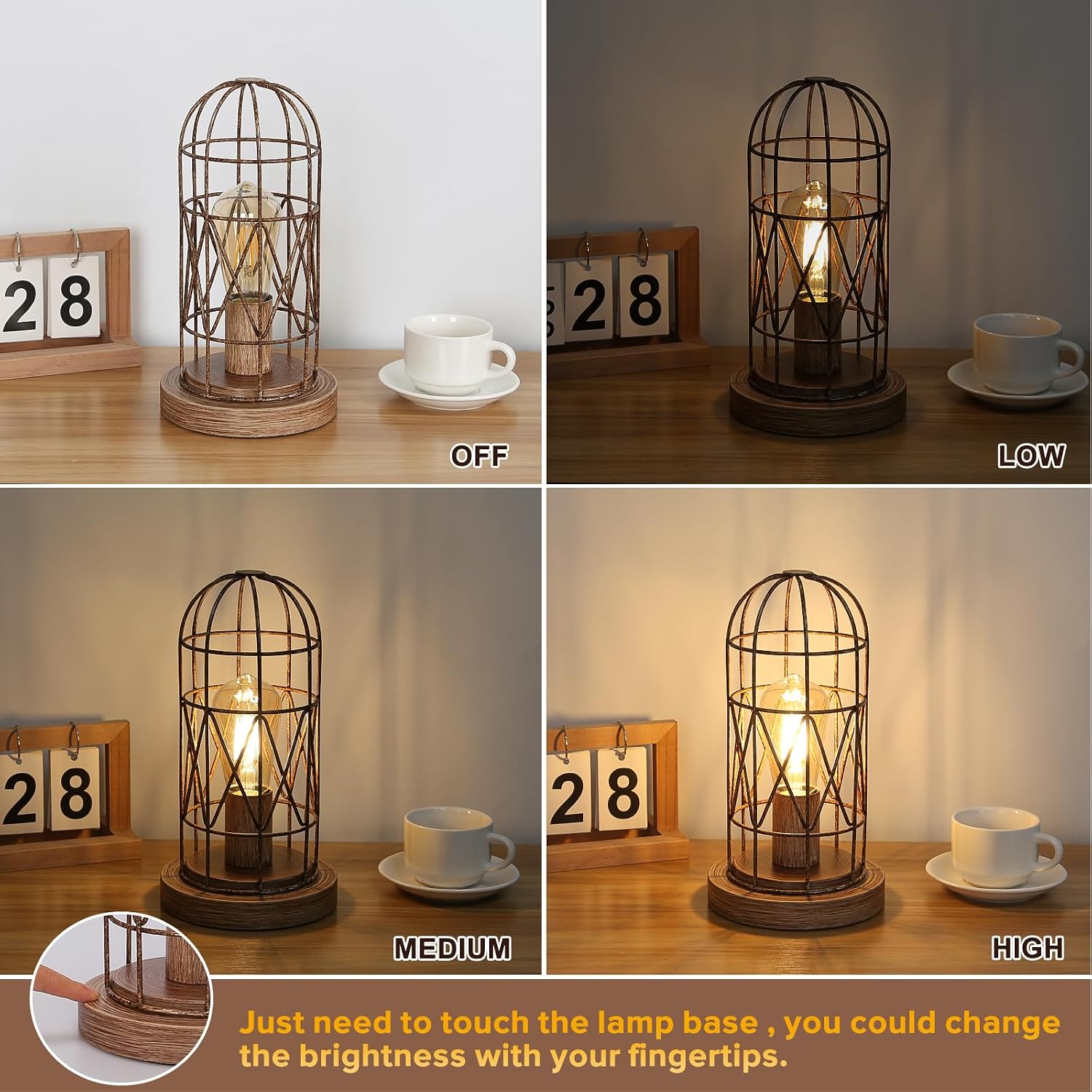 Touch Control Table Lamp for Small Spaces - 3 Way Dimmable Nightstand & Bedside Lamp for Bedroom & Living Room, Rustic Wood Cage Shade…