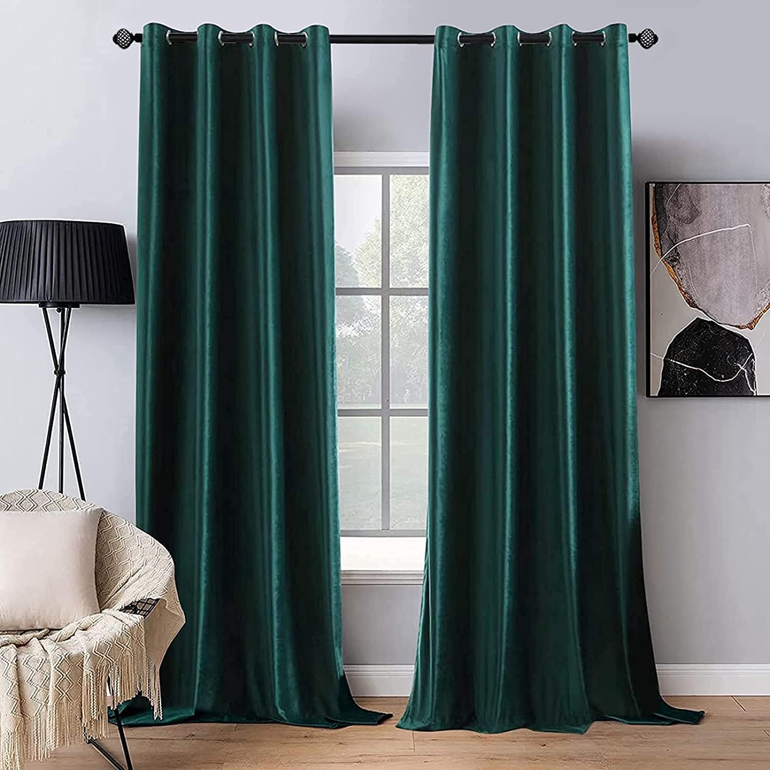 MIULEE Christmas Dark Green 100% Polyester Curtains 90 Inches Long 2 Panels Room Darkening Blackout Soft Velvet Grommet Top Emerald…