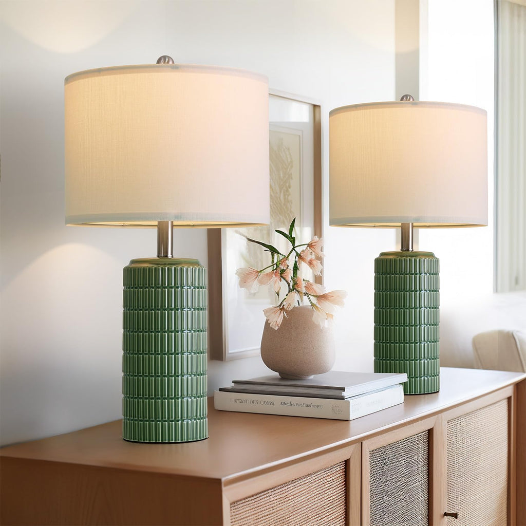 PoKat 23" Dark Green Ceramic Table Lamps Set of 2, Modern Table Lamps for Living Room, Farmhouse Lamps for Bedroom Night Stands…