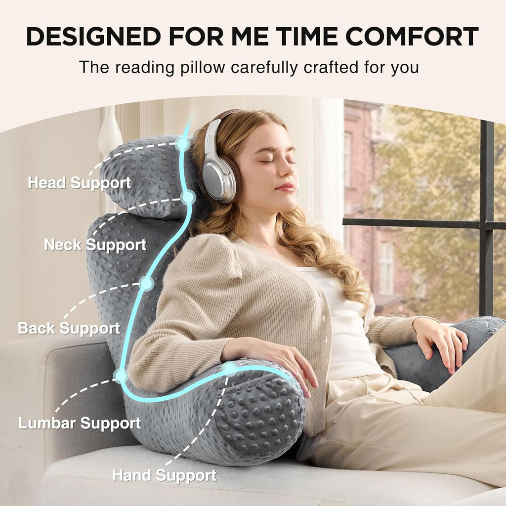 Reading Pillow for Sitting in Bed Couch Adult, Back Pillow for Bed Sitting Up, Back-Rest Support Cushion with Pockets and Arms, Watching…