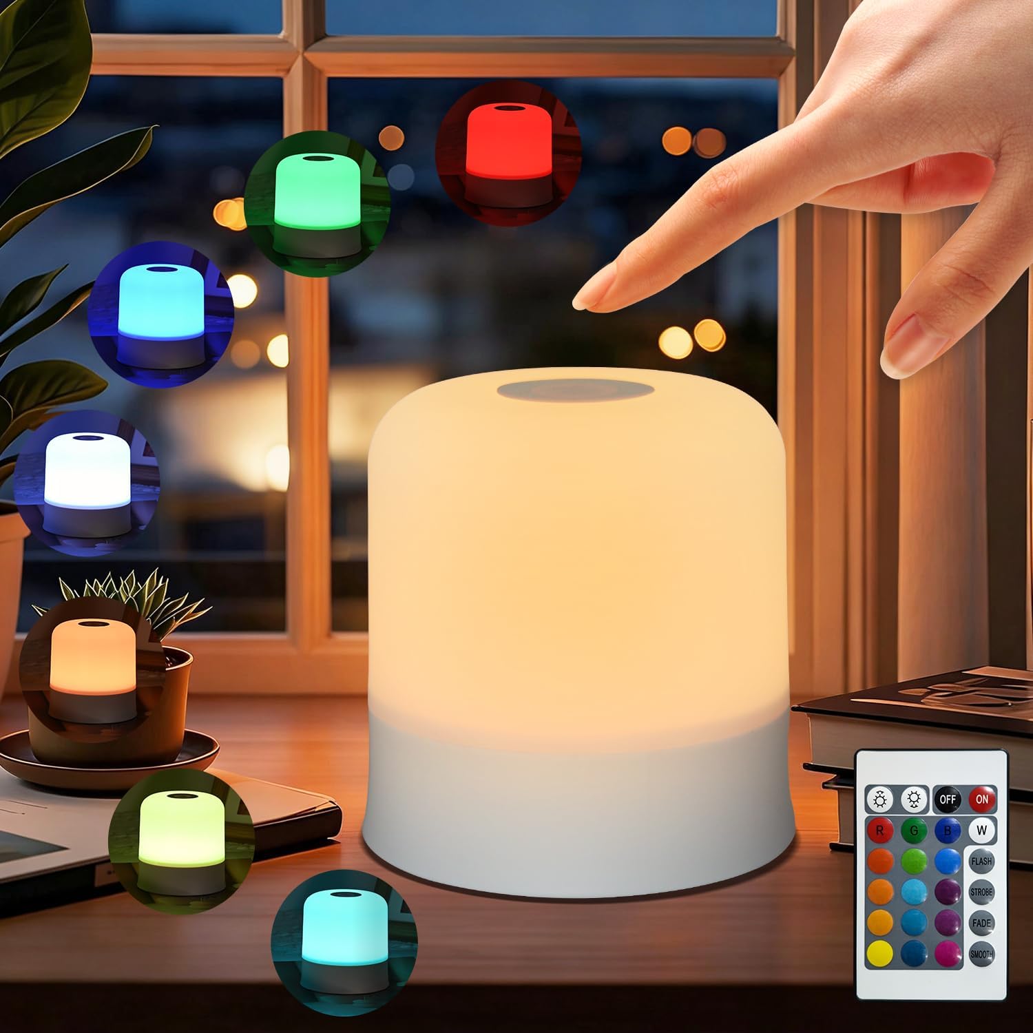 Night Light Bedside Lamp with Touch and Remote Control, 13 RGB Colors Changing 5 Brightness Dimmable Table lamp, Rechargeable Portable…