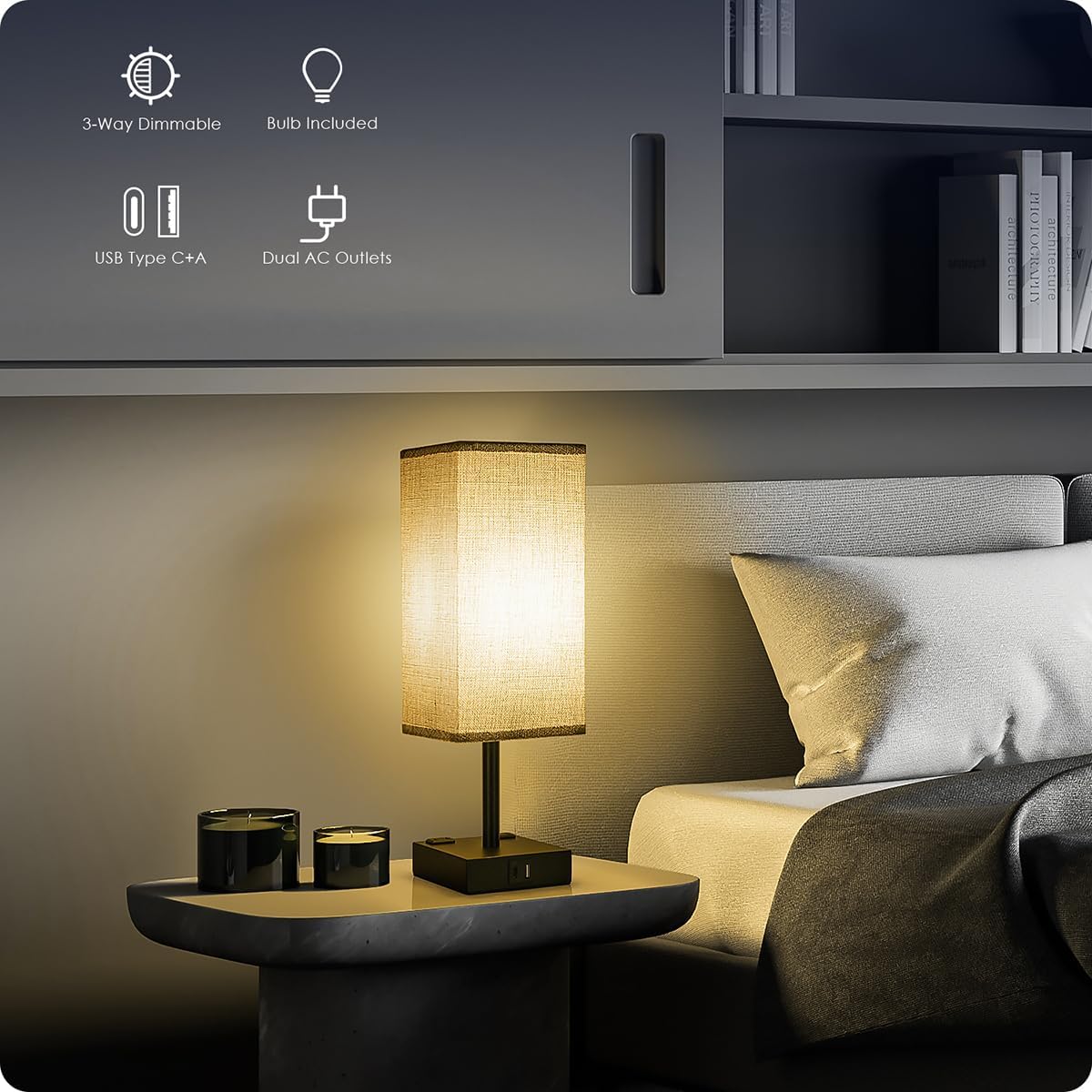 Bedside Table Lamp for Bedroom - Touch Small Lamp with USB C+A Charging Ports & AC Outlets, 3 Way Dimmable Nightstand Light for Living…
