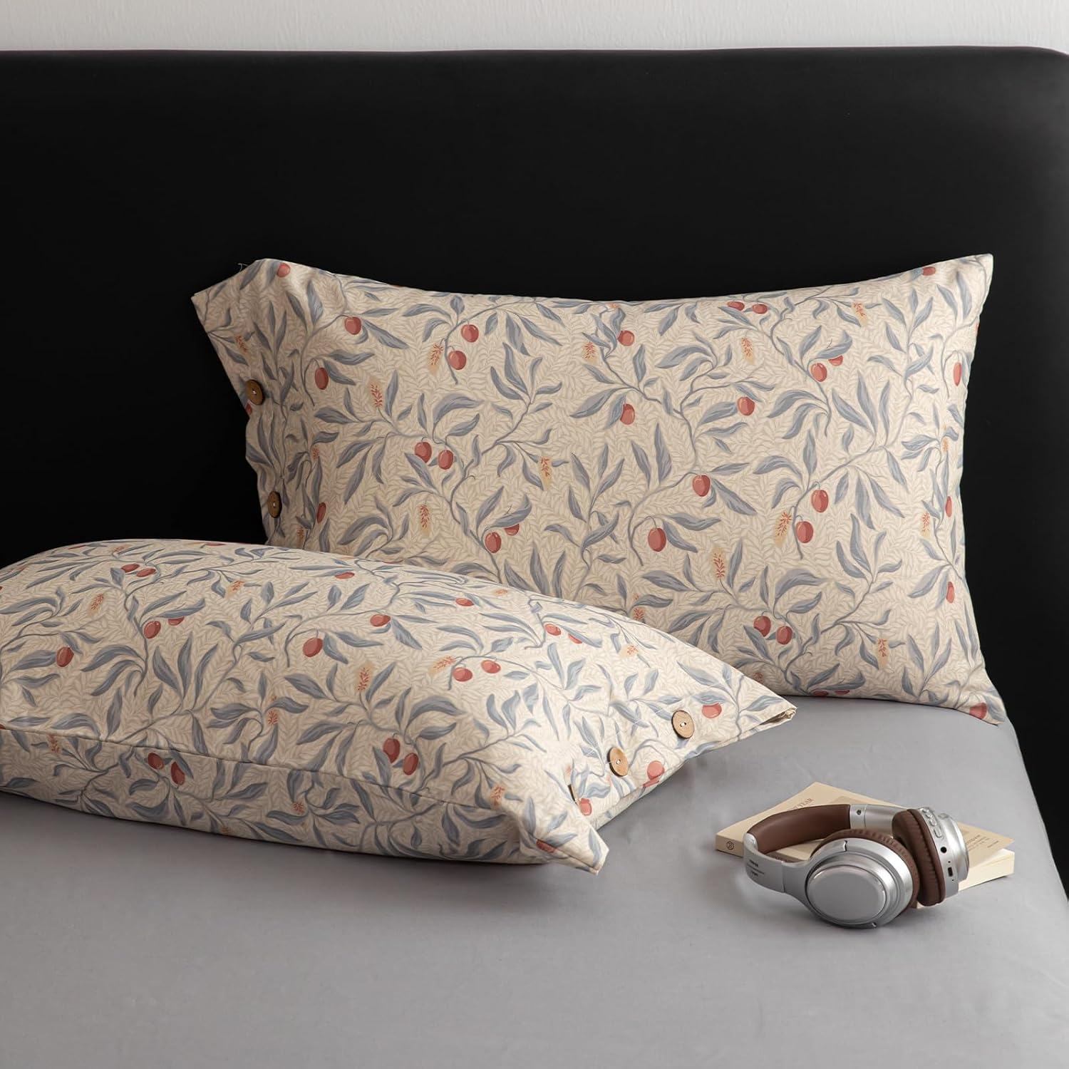 mixinni Cotton Linen Floral Duvet Cover Set King Size – Vintage Botanical Print Bedding with Wooden Button Closure, Soft Breathable Cotton…