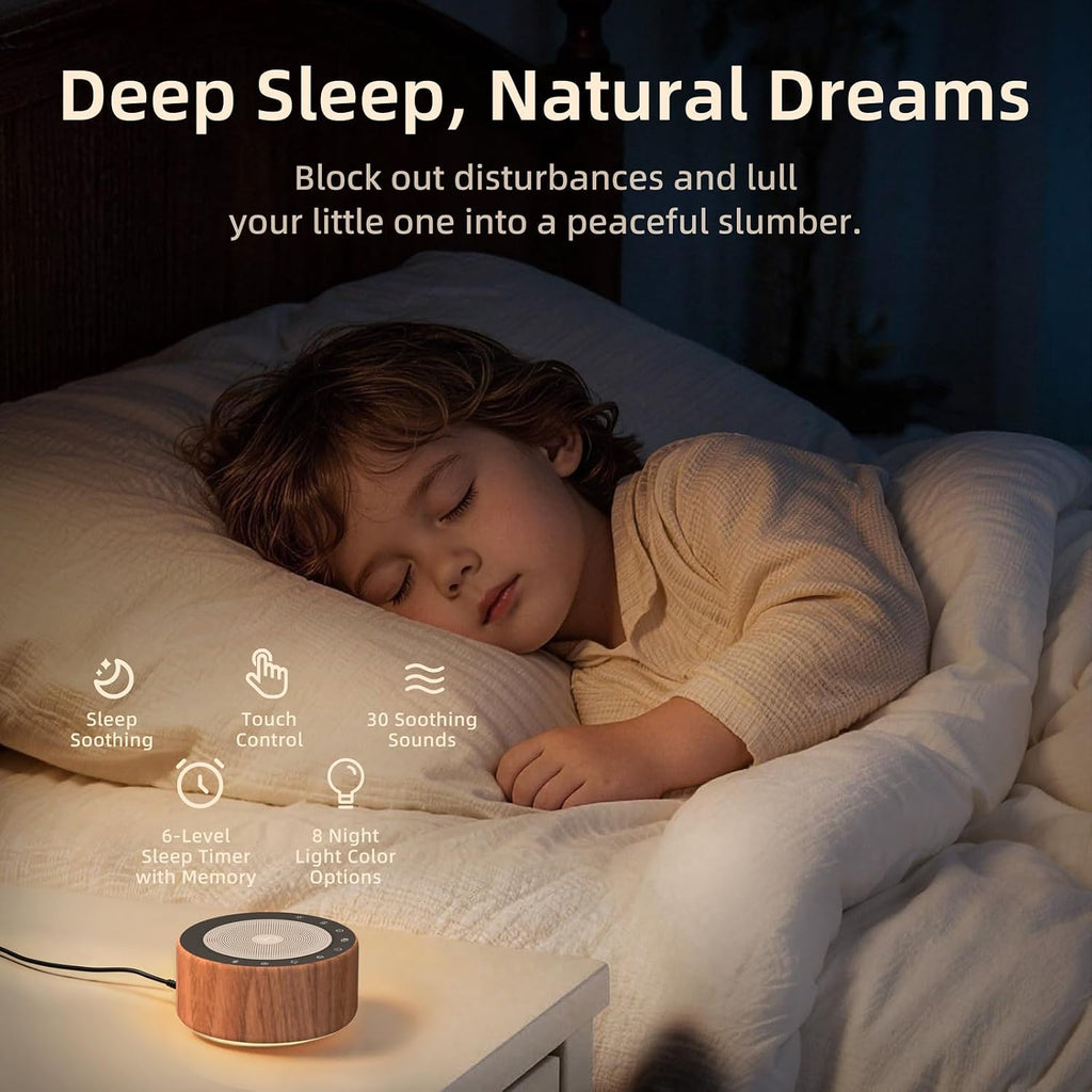 Kipcush White Noise Machine - Soft Non-Glare Nursery Lamp, 30 Soothing Sounds, 8 Color Lights, Max 8-Hour Timer for Baby & Adults (Walnut…
