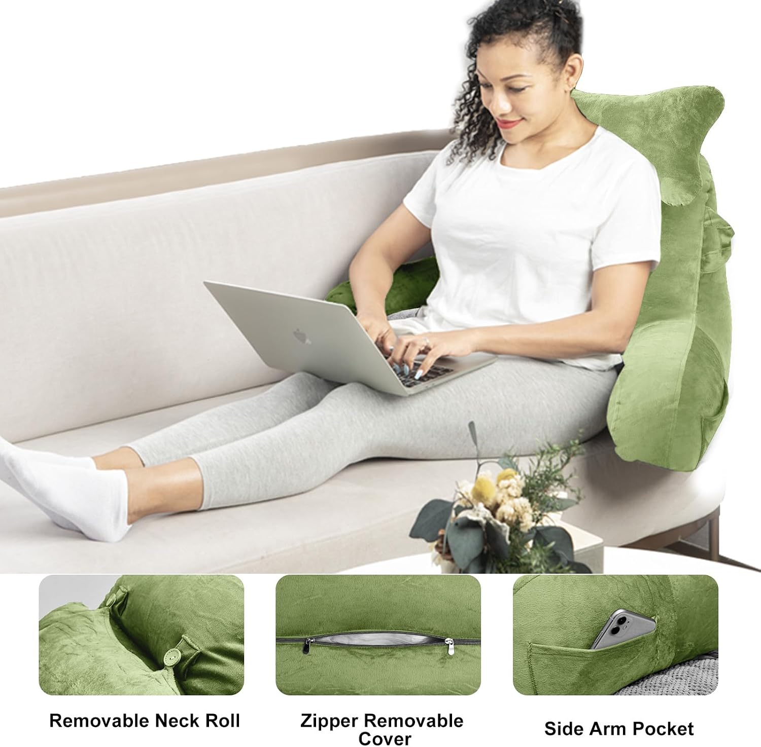 SLIGUY Reading Pillow for Sitting in Bed Couch Adult, Back Pillow with arm Support and Pockets, Adult Back Pillow Bed Chair for Rest…