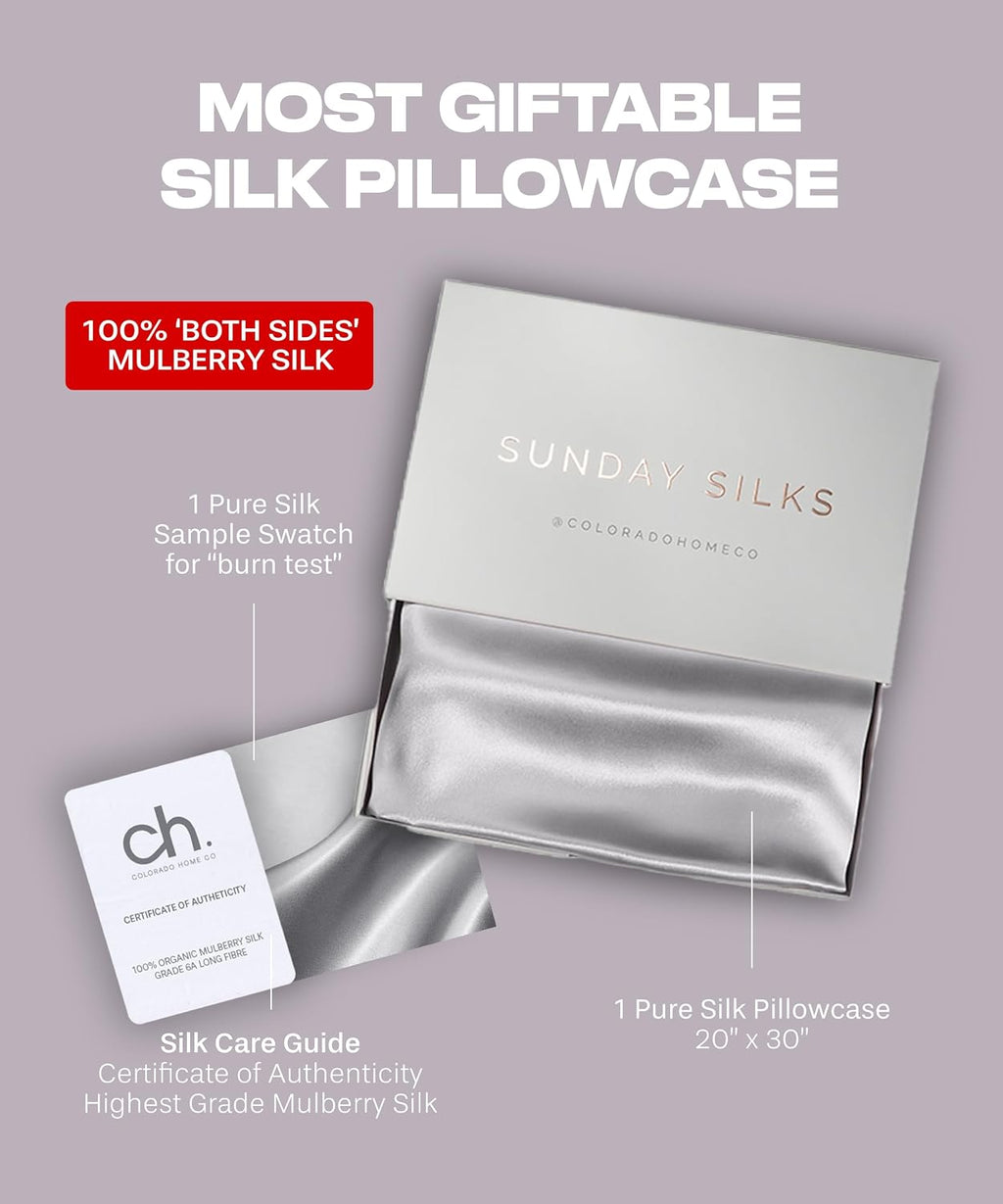 ColoradoHomeCo SUNDAYSILKSTM Silk Pillow Cases | 100% Mulberry Silk Pillowcase with Zipper, All Sides Real 22 Momme Grade 6A Silk, Standard…
