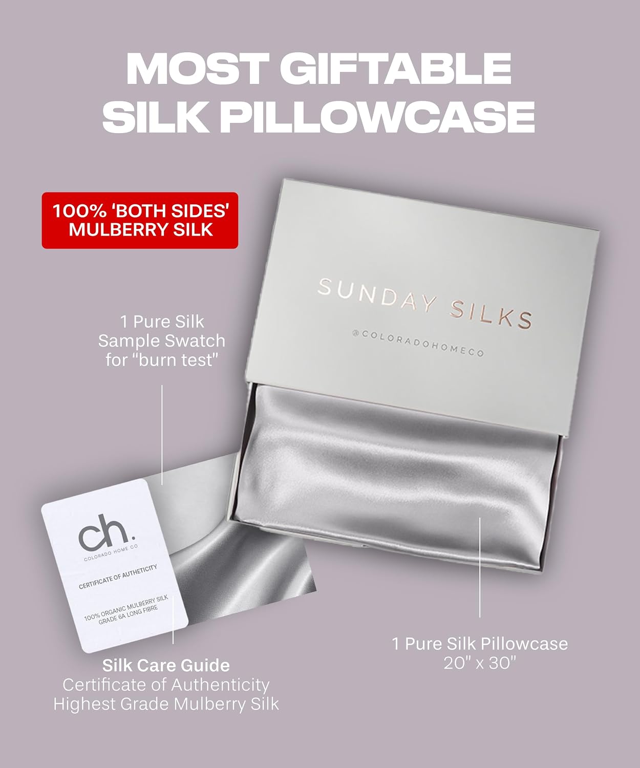 ColoradoHomeCo SUNDAYSILKSTM Silk Pillow Cases | 100% Mulberry Silk Pillowcase with Zipper, All Sides Real 22 Momme Grade 6A Silk, Standard…