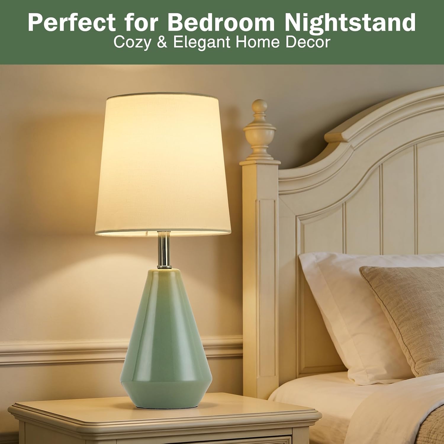 Small Bedside Table Lamp for Bedroom - Reading Desk Lamp with 3 Color Temperatures,15.5" Nightstand Ceramic Lamp with Fabric Shade for…