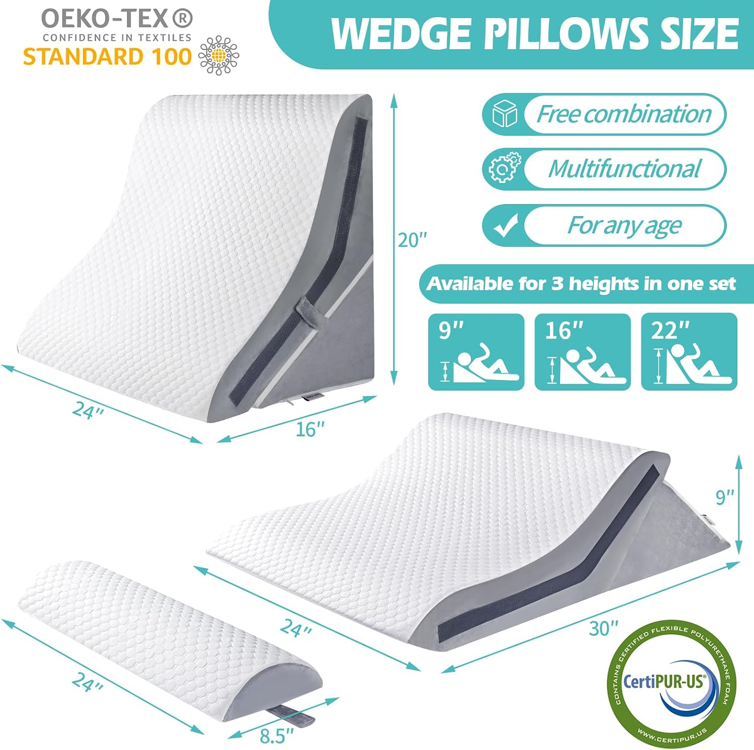 Simpledad Wedge Pillow for Sleeping, Orthopedic Bed Wedge Pillow Set, 15-in-1 Adjustable Memory Foam Wedge Pillow Post Surgery, 9 &16 & 20…