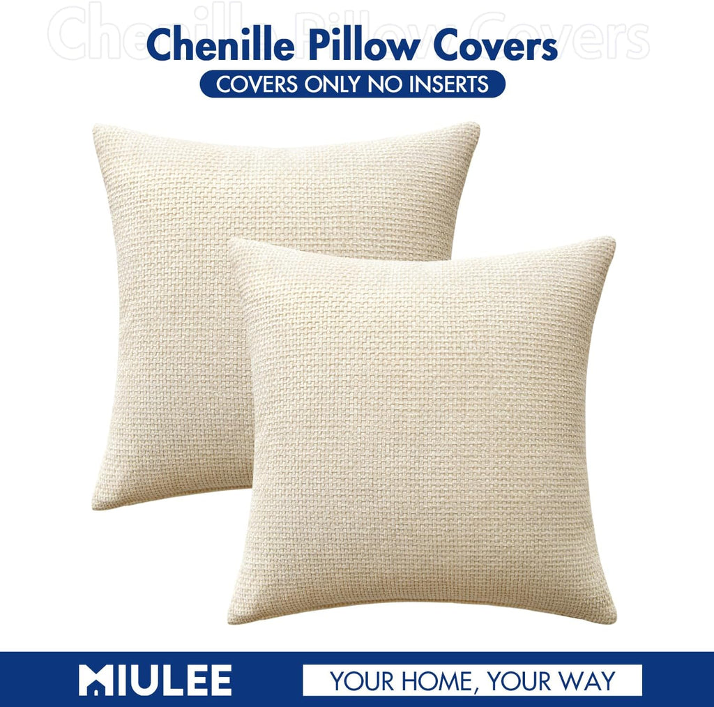 Miulee Pack of 2 Couch Throw Pillow Covers 18x18 Inch Neutral Cream Modern Boho Accent Decorative Pillow Covers Soft Chenille Farmhouse Cus…
