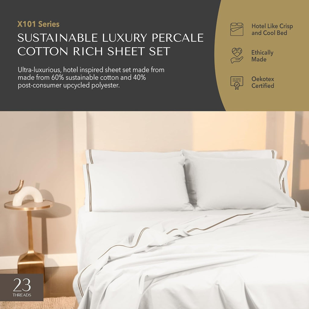 23Threads 23 THREADS X101 Series Cotton Percale Rich Bed Sheets and Pillowcases Set, 15 Inch Deep Pocket, Luxury Cooling Bedding Linen, Kin…