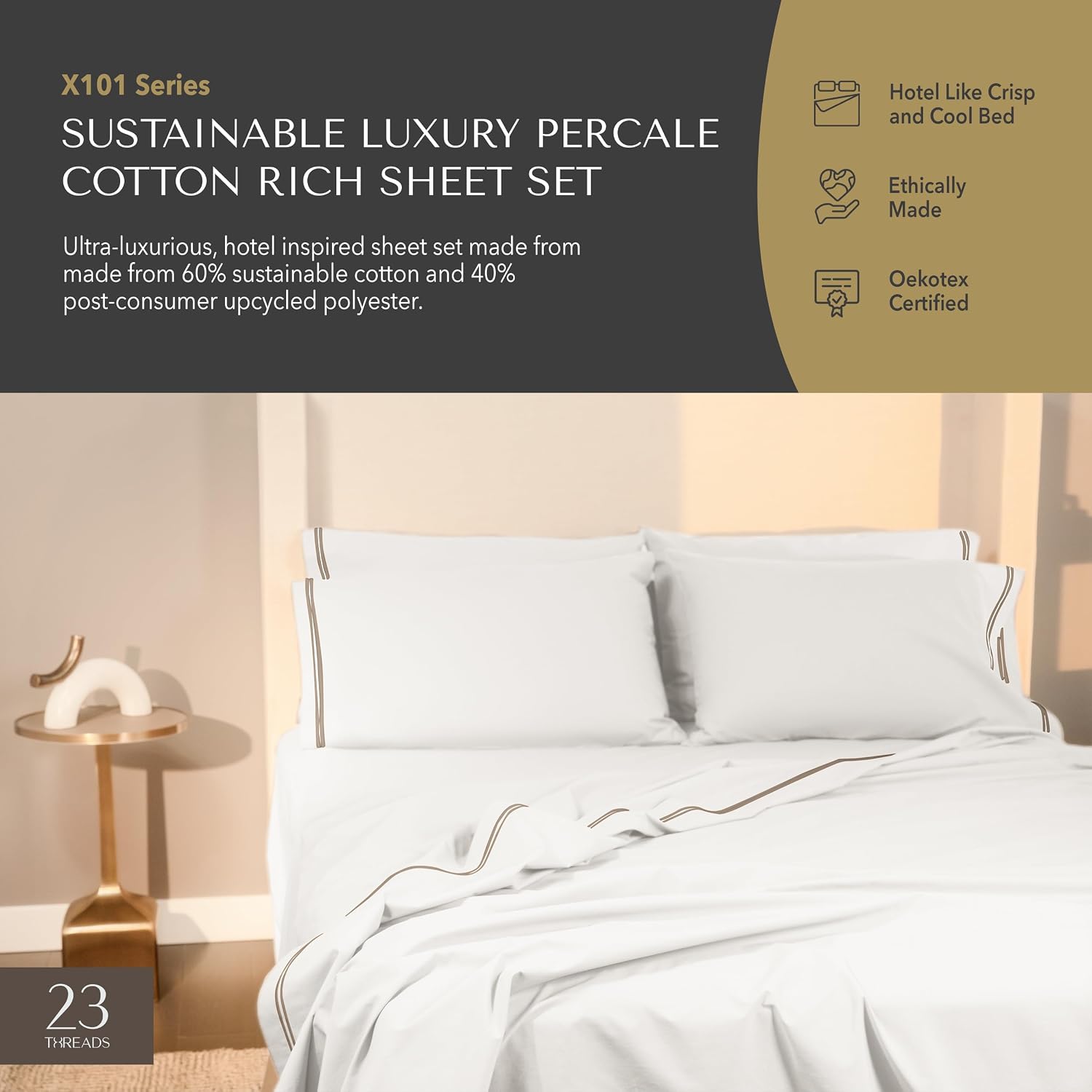 23Threads 23 THREADS X101 Series Cotton Percale Rich Bed Sheets and Pillowcases Set, 15 Inch Deep Pocket, Luxury Cooling Bedding Linen, Kin…