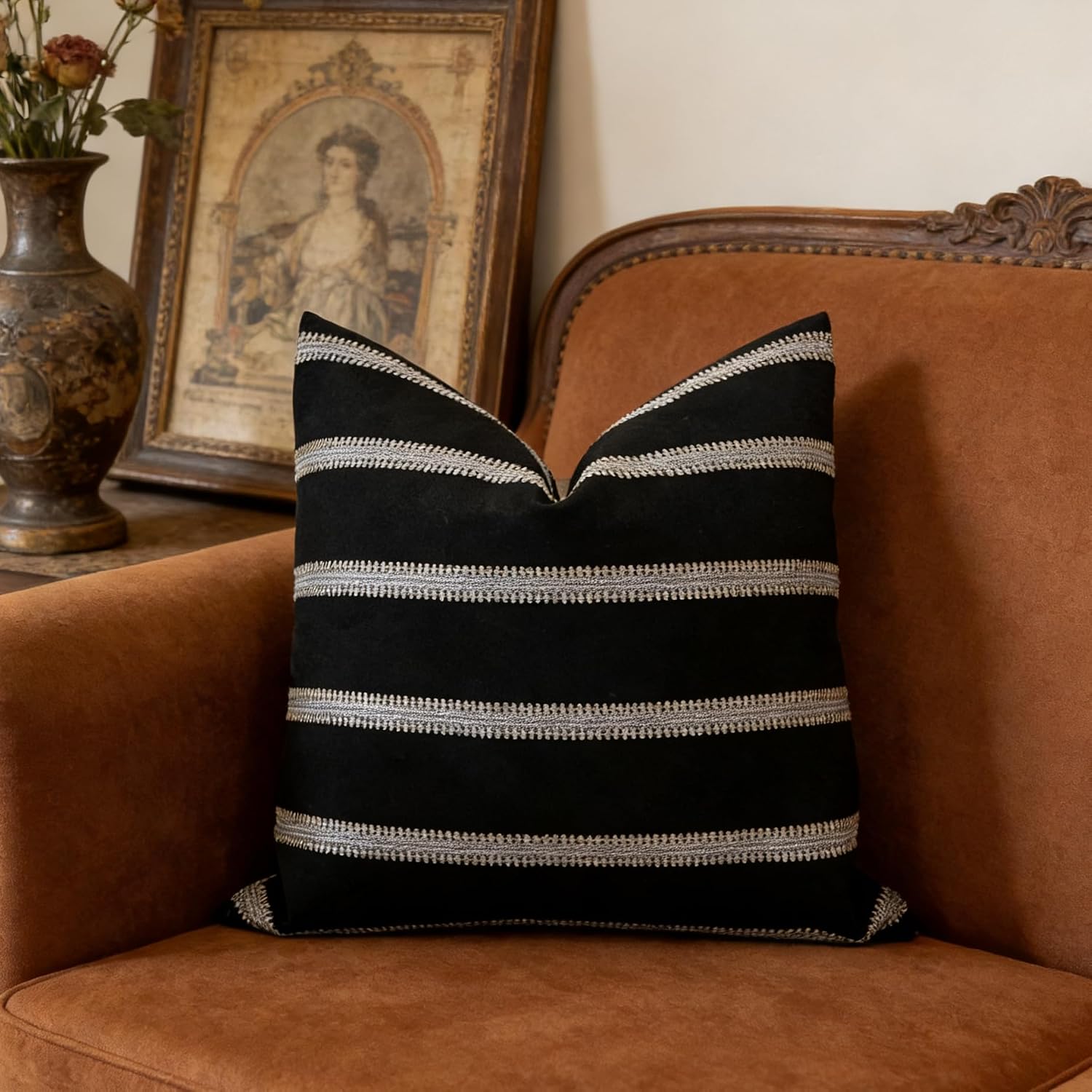 Slow Cow Decorative Textured Woven Stripe Throw Pillow Cover Modern Country Design Cushion Cover Pillow Cover 18 x18 Inches Black Mixed…