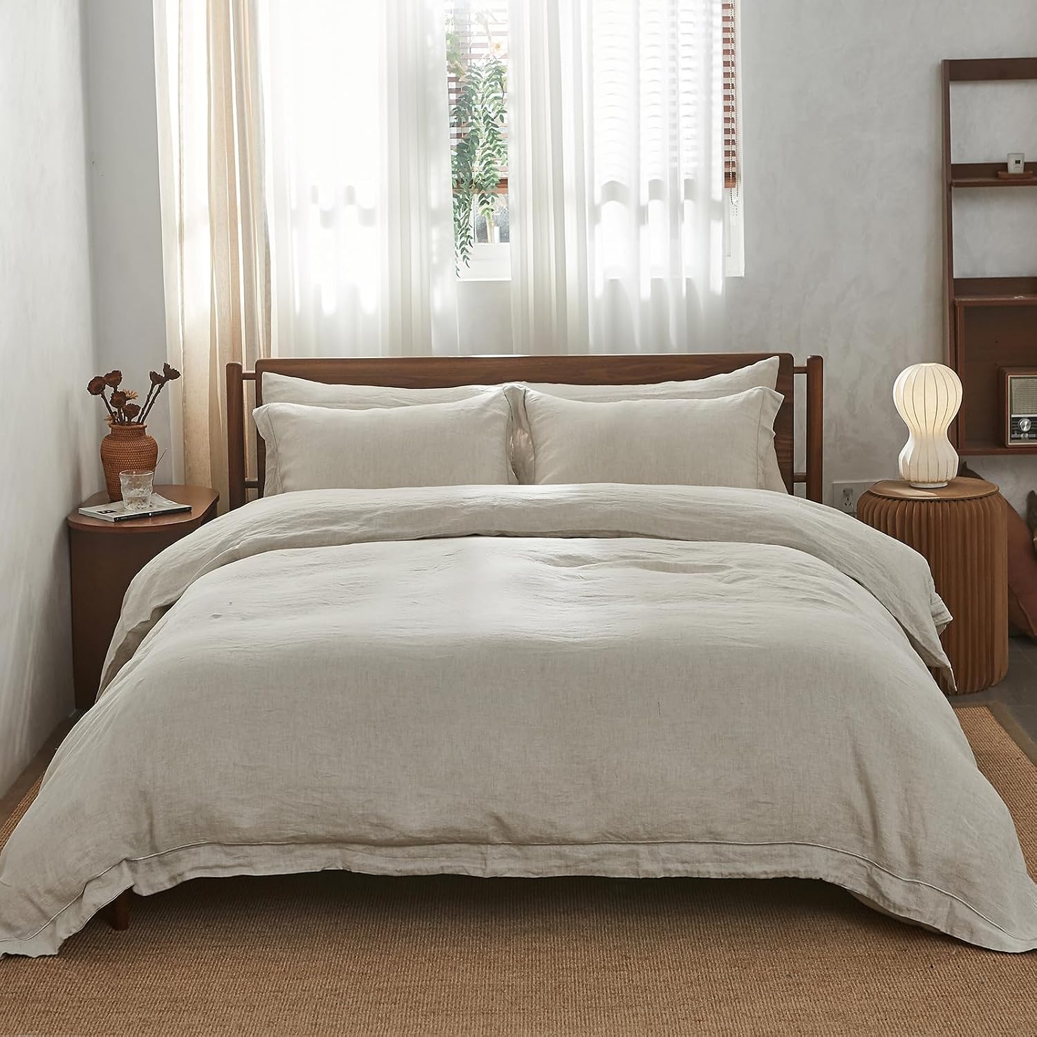 Simple&Opulence 100% Washed Linen Duvet Cover with Embroidered,3 Pieces Soft Farmhouse Comforter Set with Button Closure,1 D…