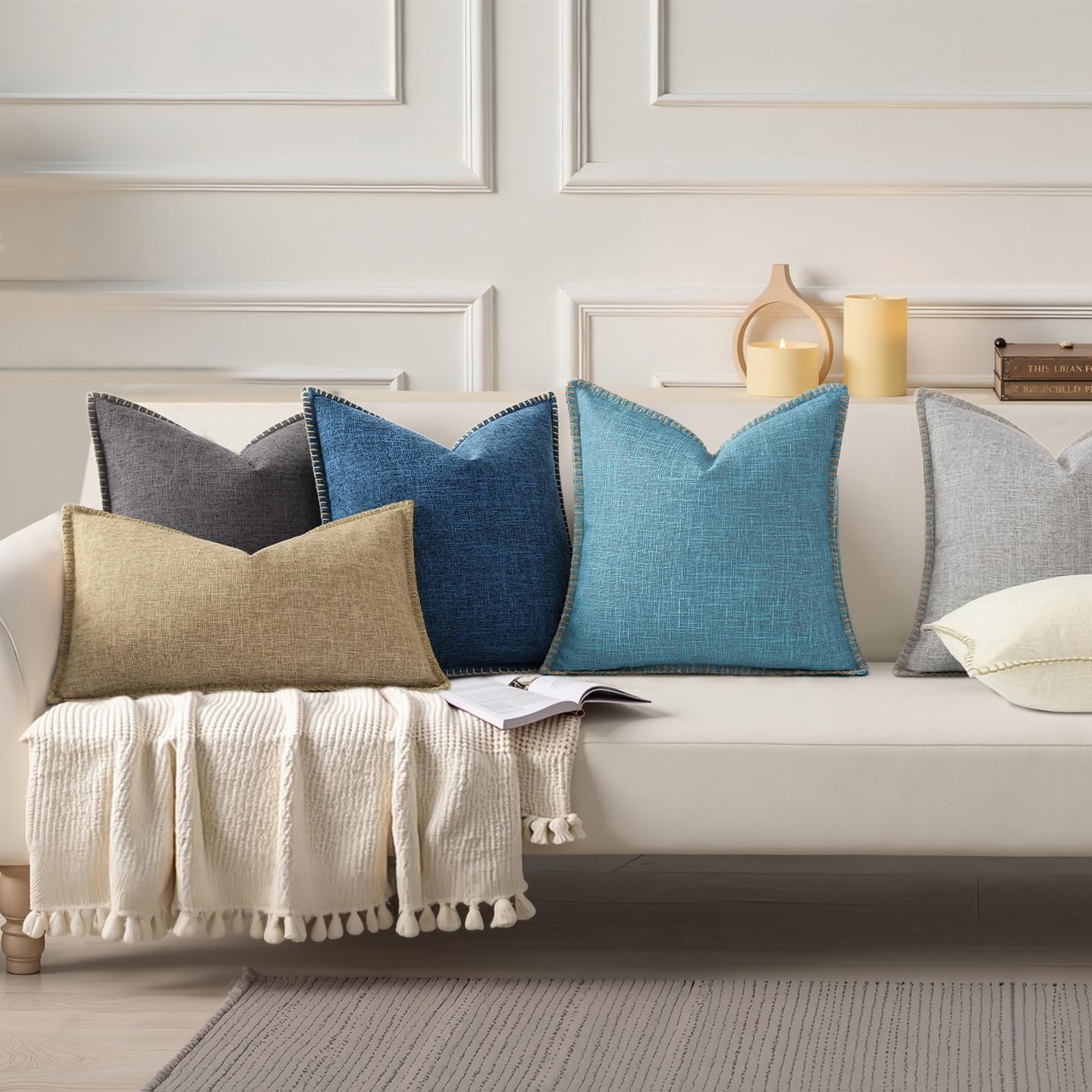 decorUhome Summer Decorative Throw Pillow Covers 22x22 Set of 2 Square Faux Linen Farmhouse Euro Sham Pillow Covers with Stitched Edge…