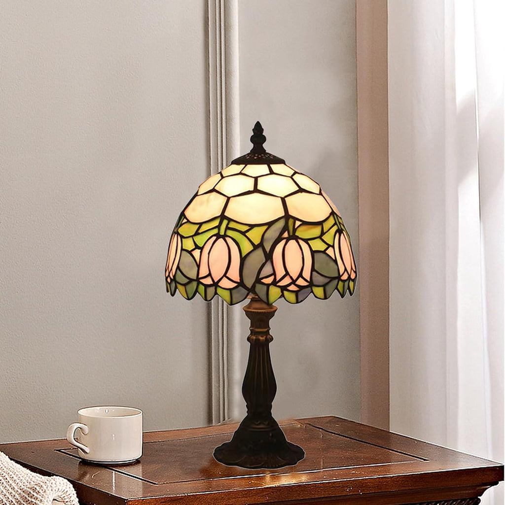 Tiffany Style Table Lamp, Pink Tulip Stained Glass Lamp, 8 Inch Small Antique Lamp, for Bedside Nightstand Bedroom Living Room Home…