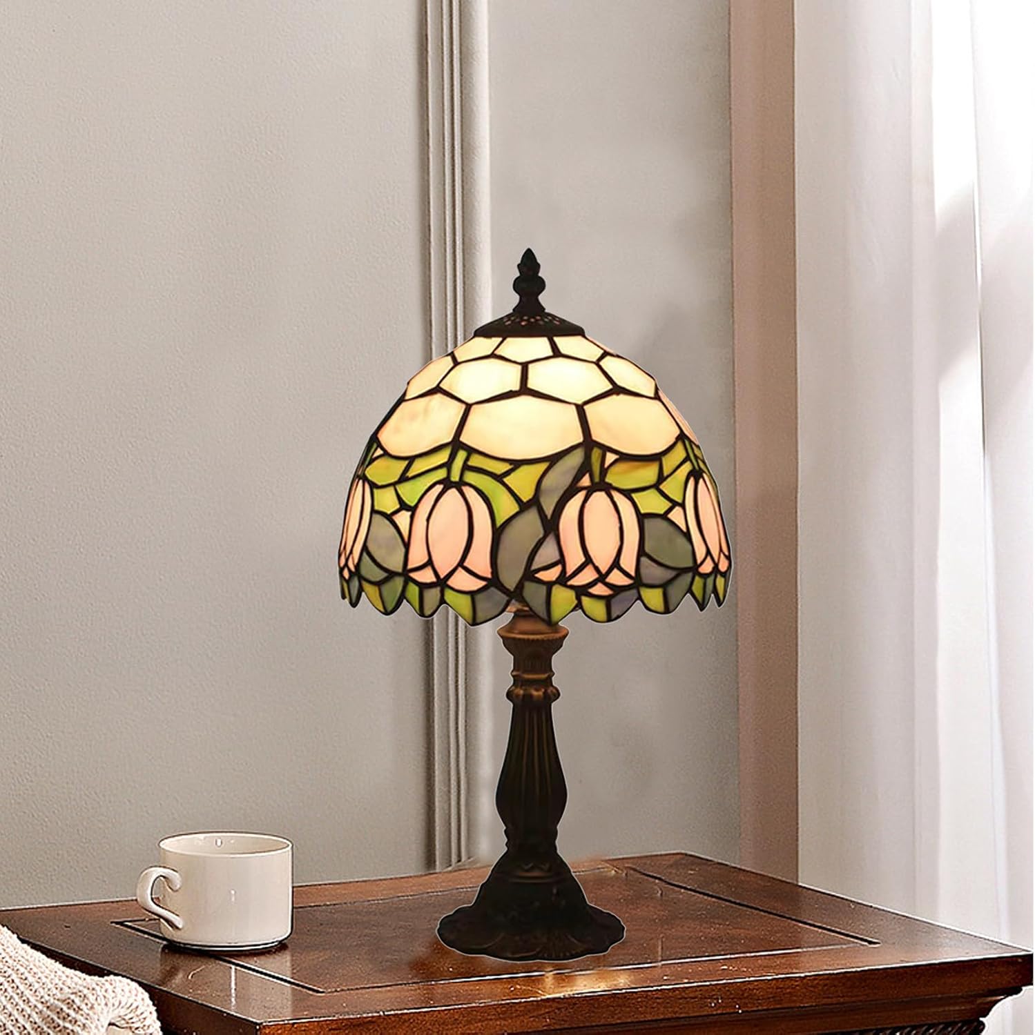 Tiffany Style Table Lamp, Pink Tulip Stained Glass Lamp, 8 Inch Small Antique Lamp, for Bedside Nightstand Bedroom Living Room Home…