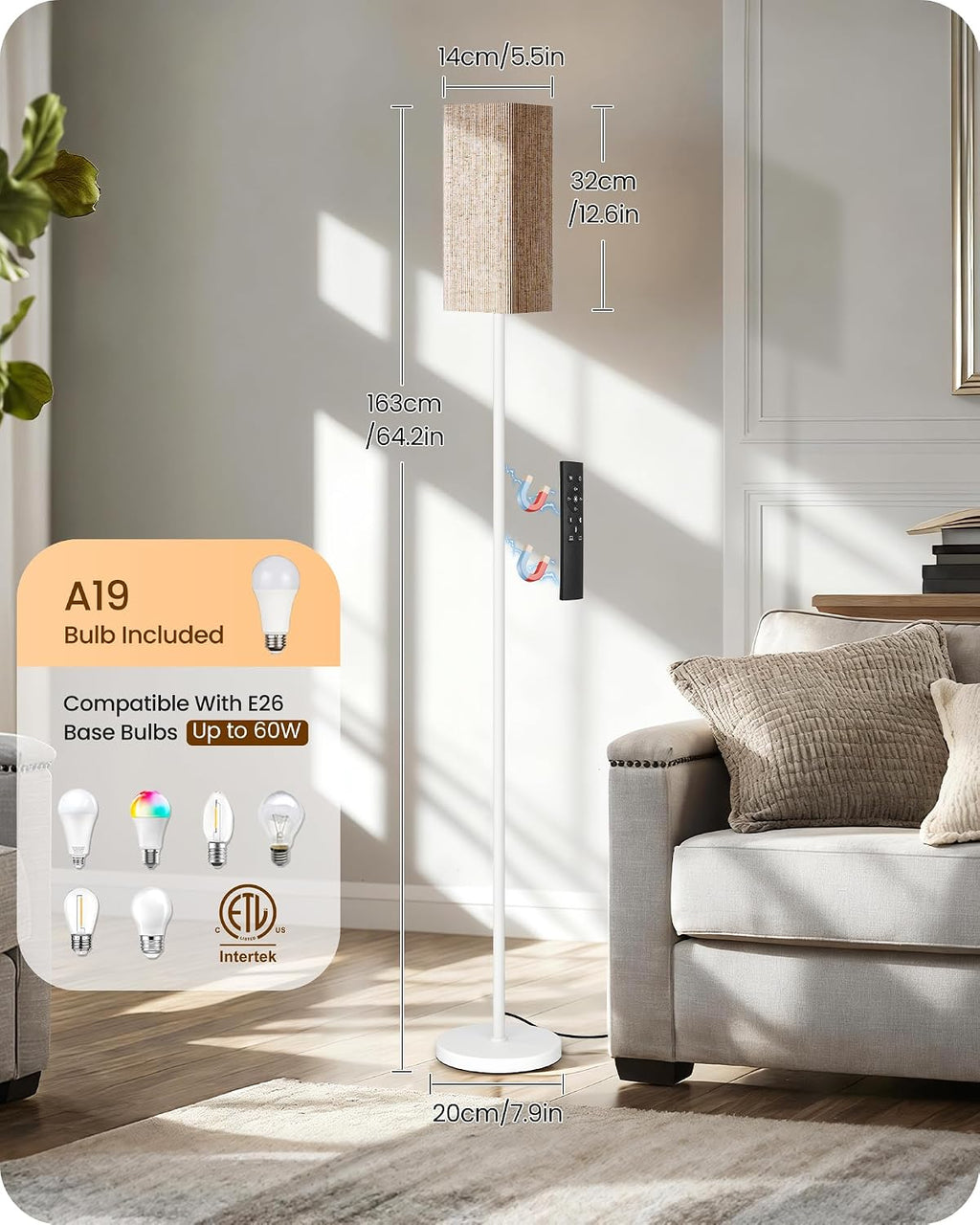64.2'' Dimmable Floor Lamp for Living Room with Remote and Foot Switch, Corner Floor Lamp for Bedroom, Includes 10W A19 Bulb, Modern…