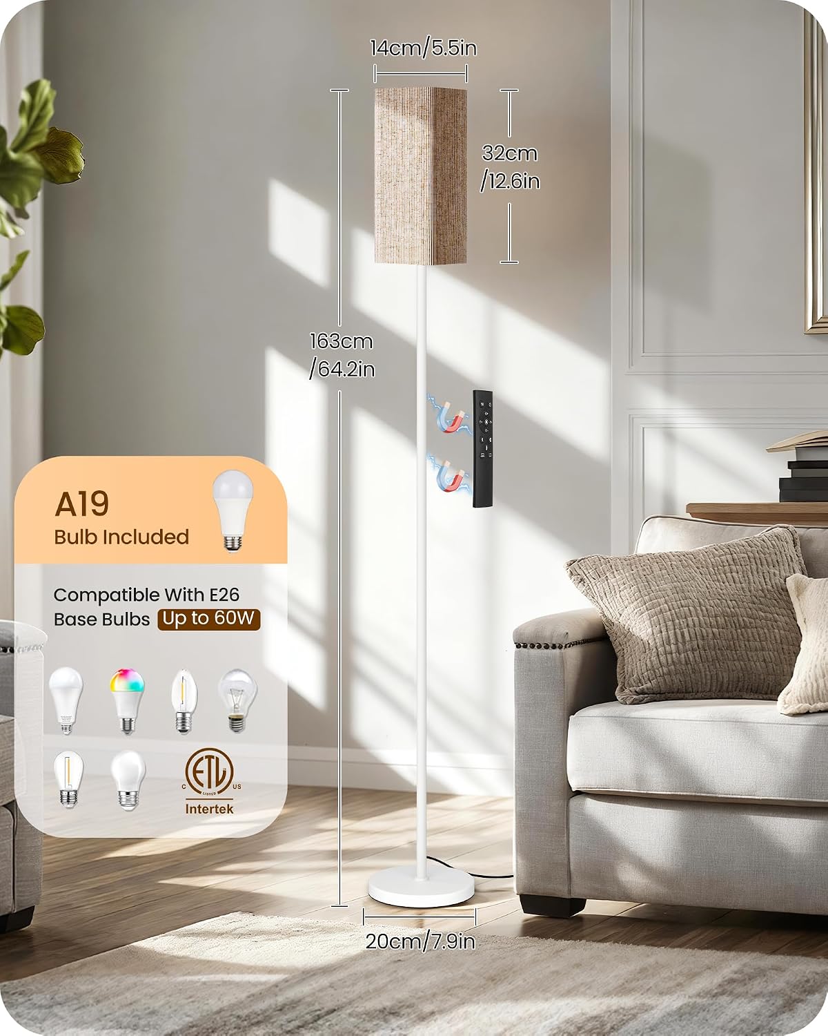 64.2'' Dimmable Floor Lamp for Living Room with Remote and Foot Switch, Corner Floor Lamp for Bedroom, Includes 10W A19 Bulb, Modern…