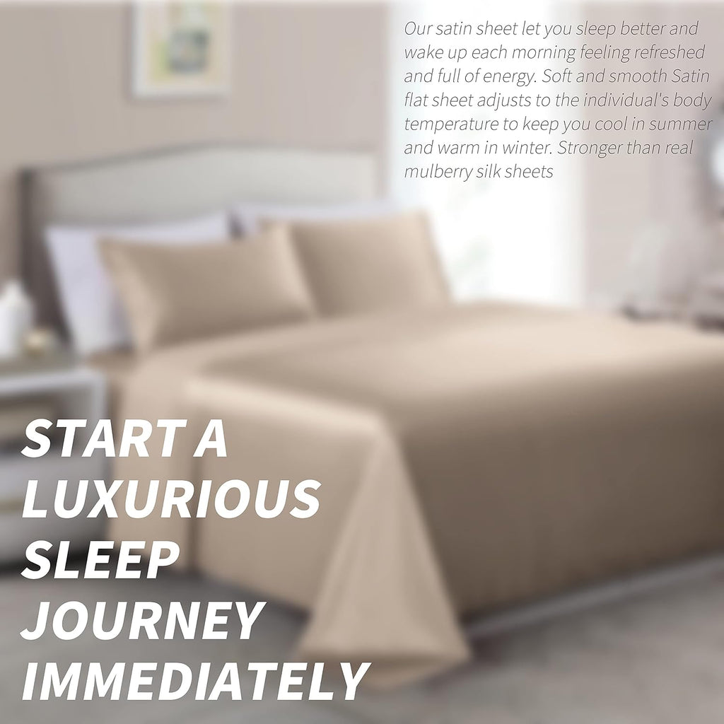 Cobedzy 4 Piece Luxury Queen Sheet Set, Taupe Satin Sheet Set, Soft Silky Bed Sheets Queen Set with 1 Deep Pocket Fitted Sheet 1 Flat Sheet…