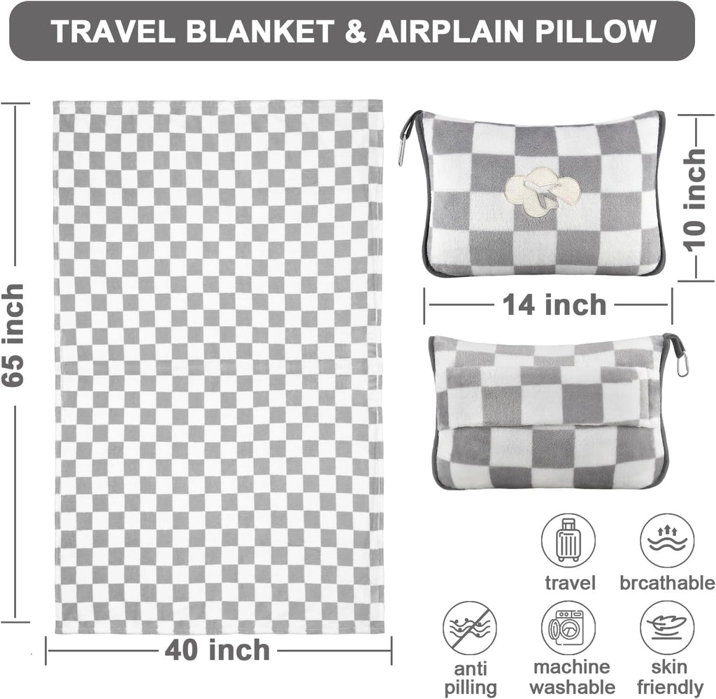 JungleStar Travel Blanket and Pillow Compact, Soft 2 in 1 Airplane Blanket with Soft Bag Pillowcase, Hand Luggage Sleeve and Backpack Clip (…