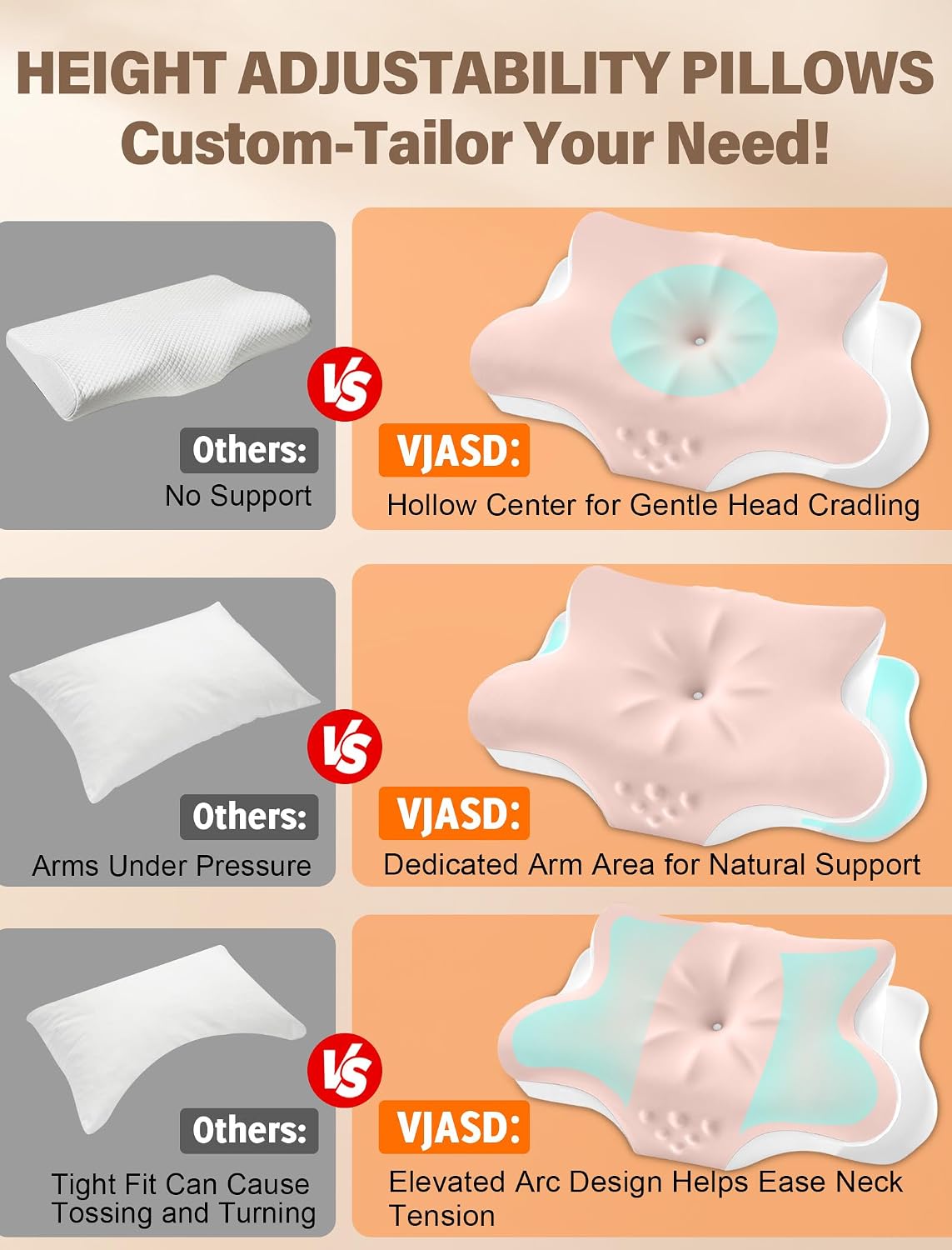 Vjasd Cervical Neck Pillow for – Ergonomic Memory Foam Pillow for Side Sleeper Contour Orthopedic Bed Pillow for Neck Support with Cooling…