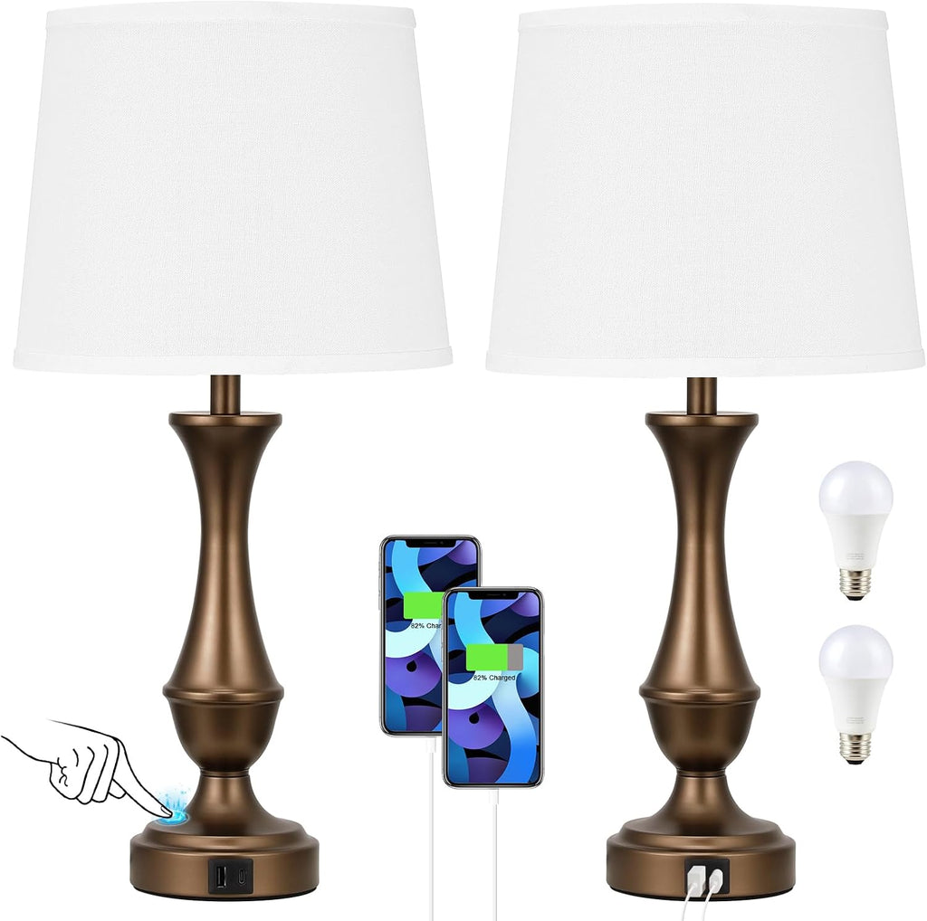 Seealle Upgraded Touch Lamps for Night Stands Set of 2 - Bedside Lamps with USB C+A, 3 Way Dimmable for Bedroom Living Room End Tables…
