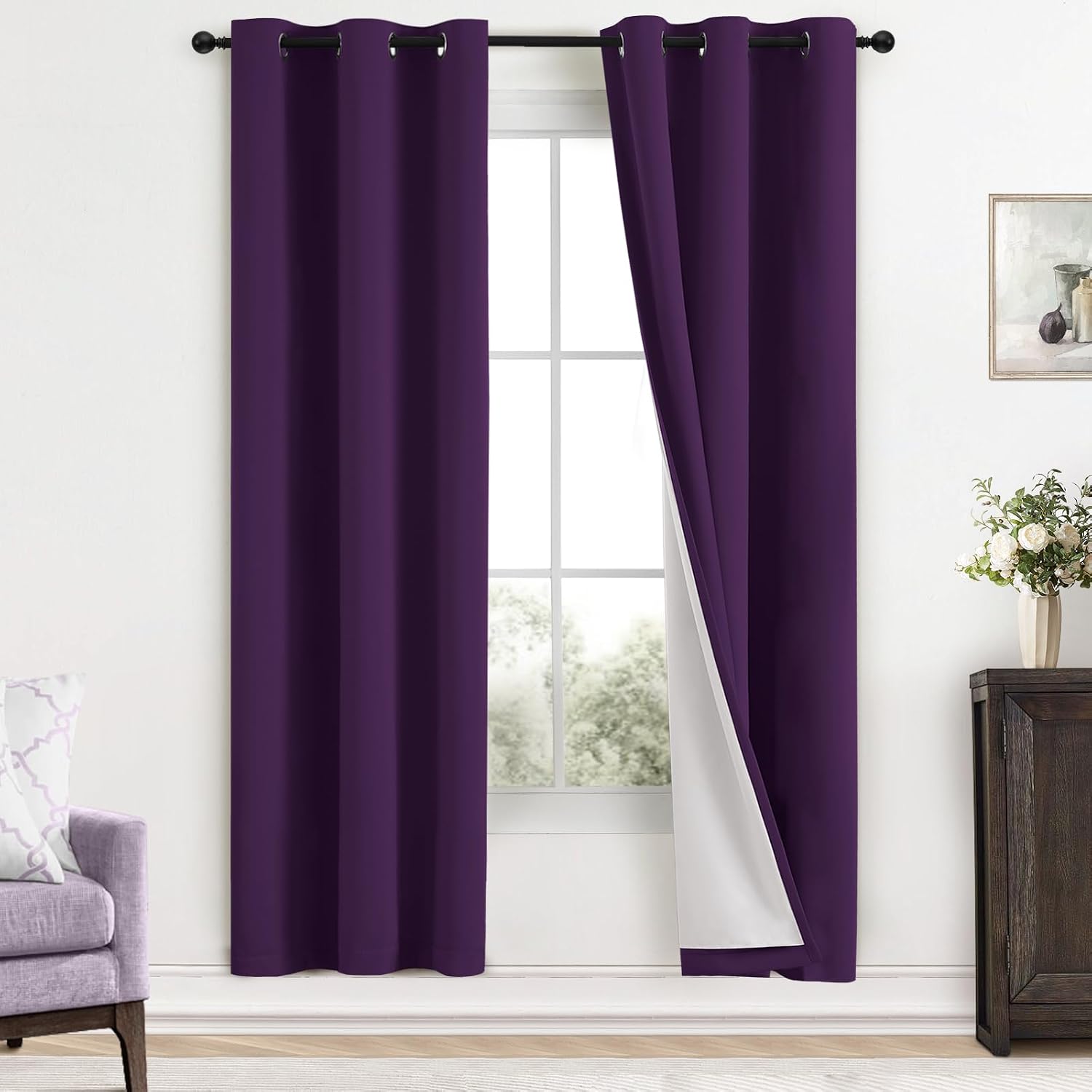 Yakamok Room Darkening 100% Blackout Curtains Grommet Window Treatments with 2 Thick Layers-Purple Thermal Insulated Drapes Set of 2 Panels…
