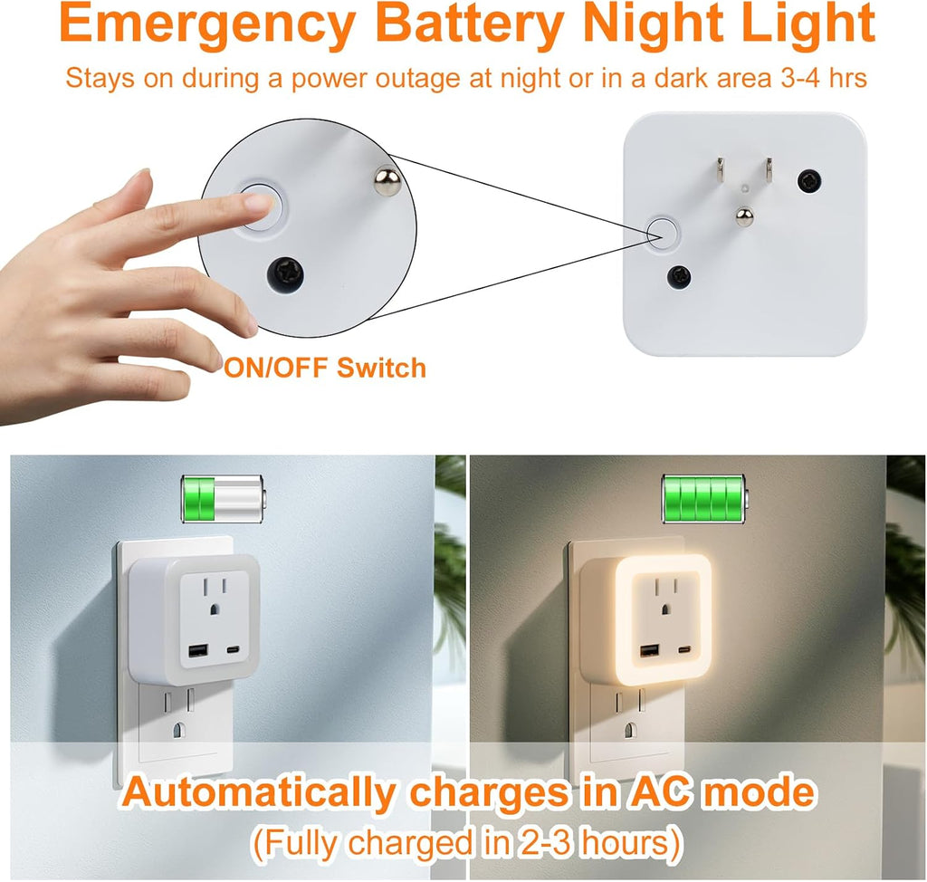 Night Lights Plug Into Wall 2 Pack Rechargeable Battery Backup Light Dusk to Dawn Sensor Night Light with Outlet Expander for Adults Kids…