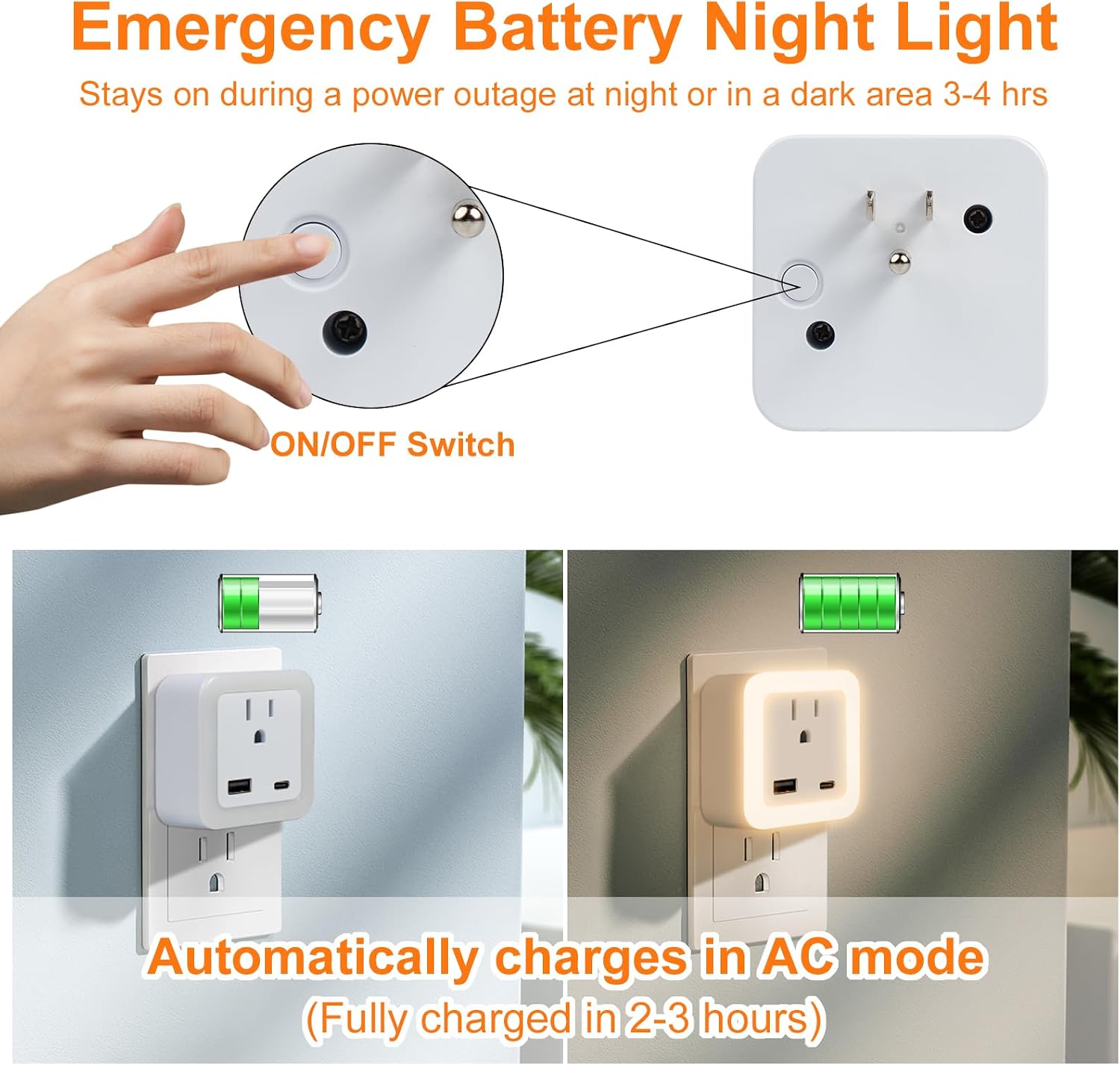 Night Lights Plug Into Wall 2 Pack Rechargeable Battery Backup Light Dusk to Dawn Sensor Night Light with Outlet Expander for Adults Kids…