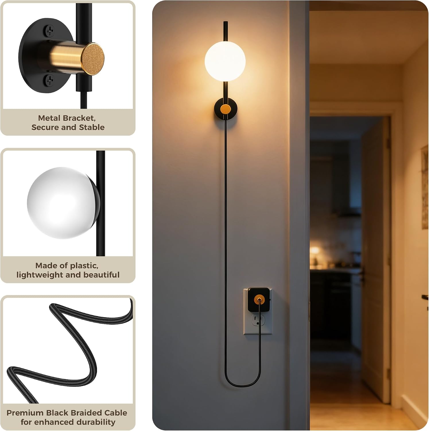 JandCase Night Lights Plug into Wall, 3000K Round Milky Night Light with 1.5M Braided Cord, 0-100 LM Adjustable Plug in Nightlight, Auto…