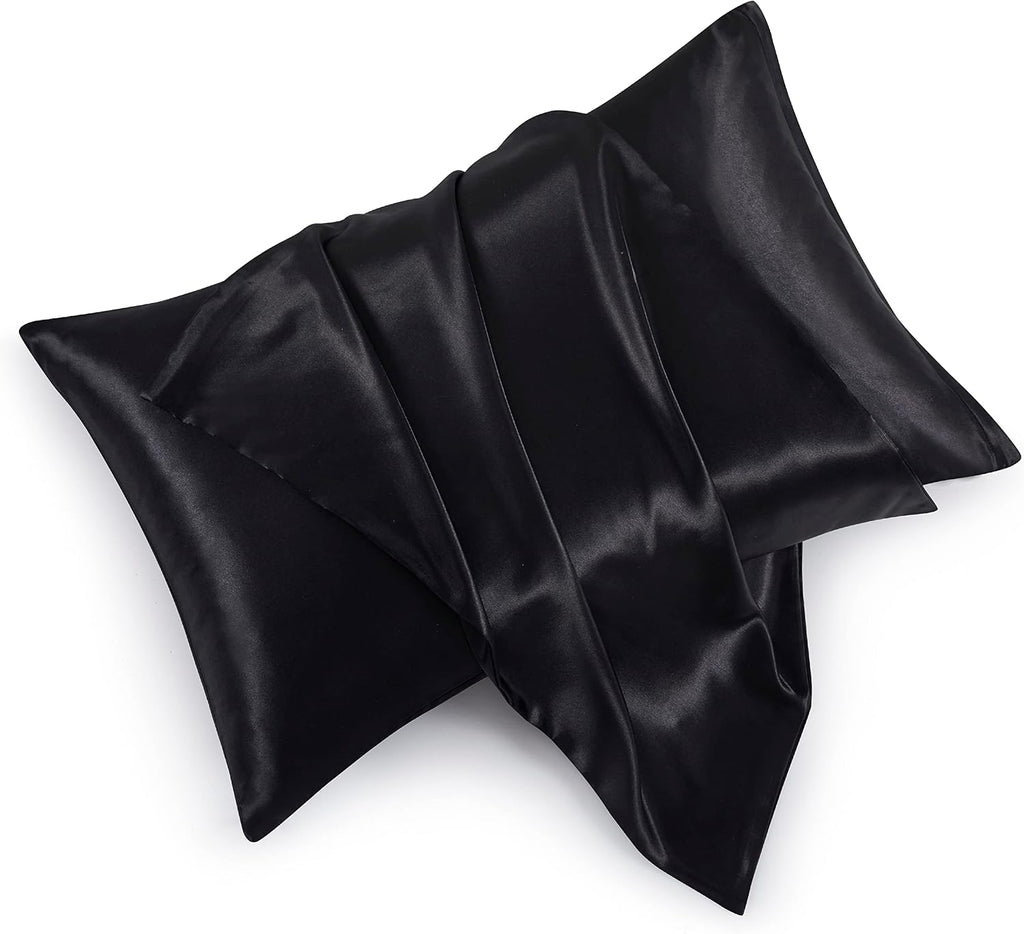 HommxJF Satin Pillowcases with Zipper (20x26), Standard Size Pillowcases Set of 2, Black Silk Pillowcase for Hair and Skin Black