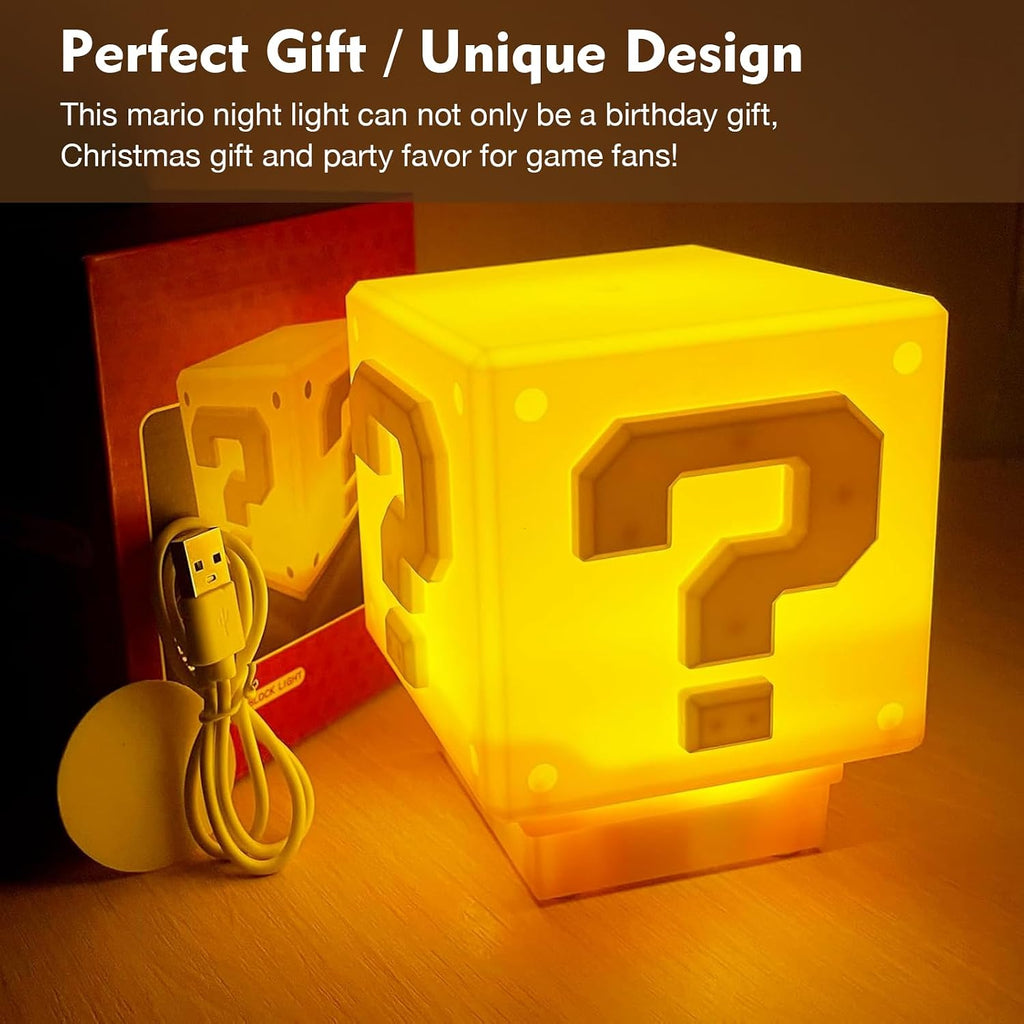 TLAOTNIY Super Bros Mini Question Block Night Lights - USB Powered Bedside Lamp with Game Sound Effects - Gift for Friends & Fans (2Pack)