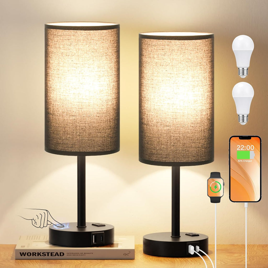 17.4inches Tall Black Touch Table Lamps Set - 3 Way Dimmable Bedside Lamps with USB C and A Ports, Small Lamps for Nightstand with AC…