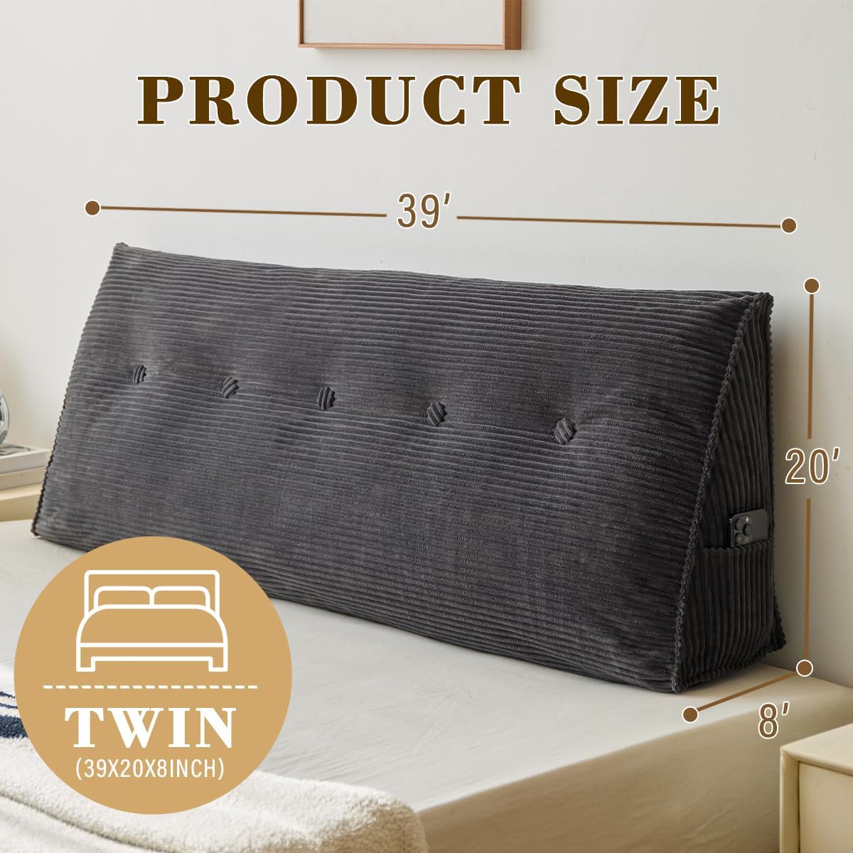 ZTVZTV Wedge Headboard Pillow for Bed, Twin Dorm Headboard Support for Sitting Up Reading, Relaxing, Removable Washable Corduroy Cov…