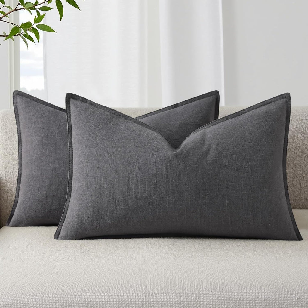 decorUhome Summer Decorative Linen Throw Pillow Covers 12x20 Inch Set of 2 Dark Grey Lumbar Pillow Covers with Flange Edges Soft Farmhouse…