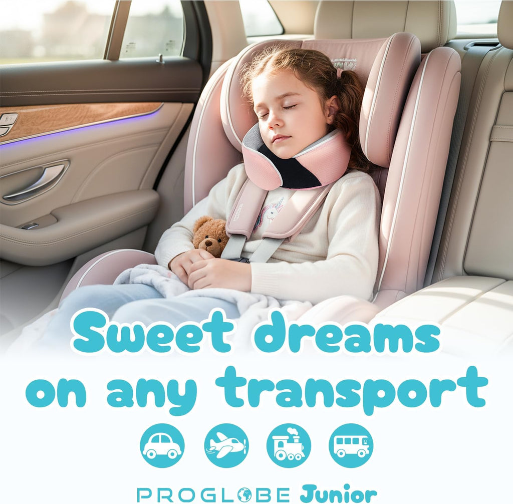 ProGlobe Junior Kids Travel Neck Pillow - Ergonomic Memory Foam Pillow for Airplane, Car, Booster Seat - Soft, Washable, Compact Travel Pil…