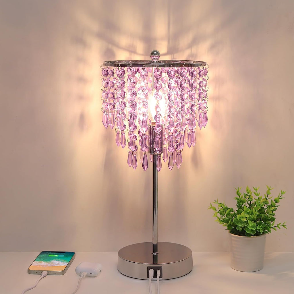 USB Bedside Crystal Lamp, 3 Way Dimmable Touch Nightstand Lamp with Dual USB Charging Ports, Lavender Table Lamp Decorative Accent Lamp…