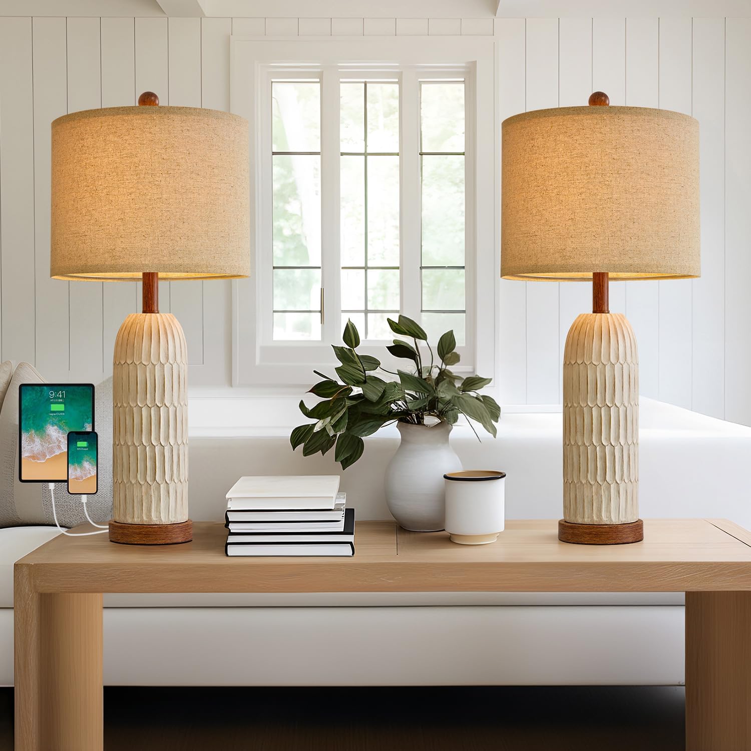 OYEARS 26.5" Bedside Table Lamps Set of 2, Farmhouse Table Lamp with USB A+C Charging Ports, Vintage Nightstand Lamp for Bedrooms and…