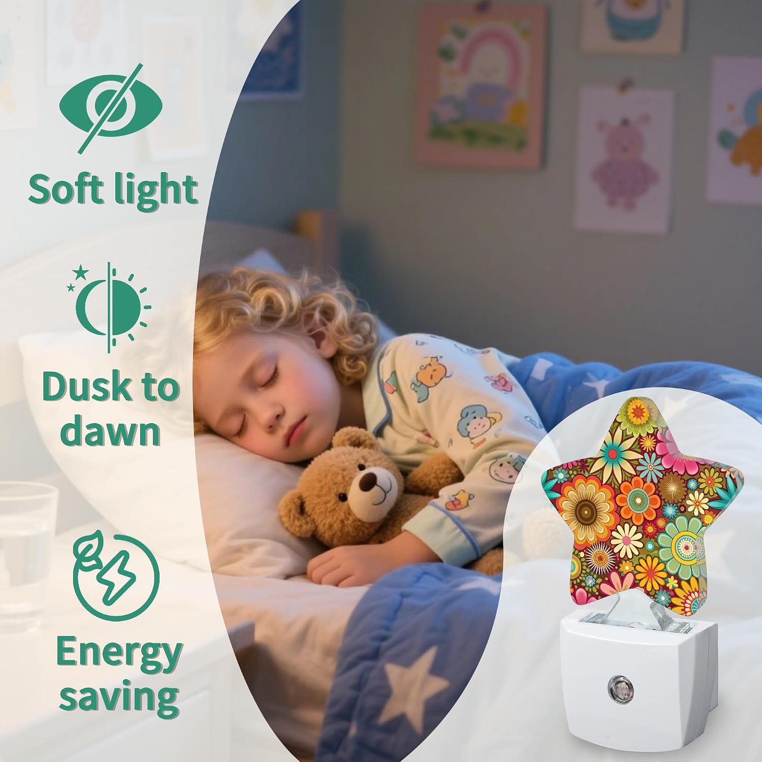 Star Night Light with Dusk to Dawn Sensor, Mandala Flower Pattern Plug in Night Light for Kids Bedroom Nursery, Soft Warm Glow Lamp for…