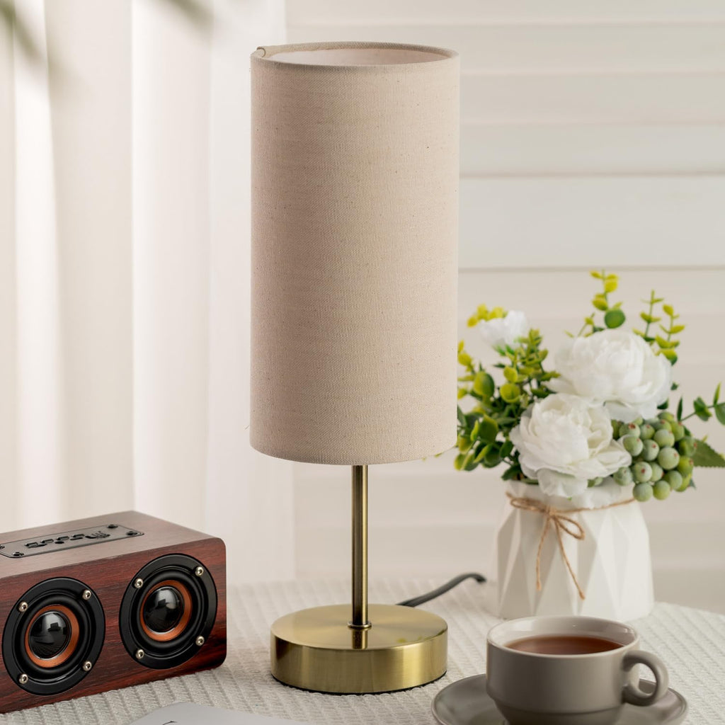 Small Side Table Lamp for Bedroom Night Stands, Round Linen Shade and Antique Brass Metal Base, Retro Minimalist Bedside Lamps for…