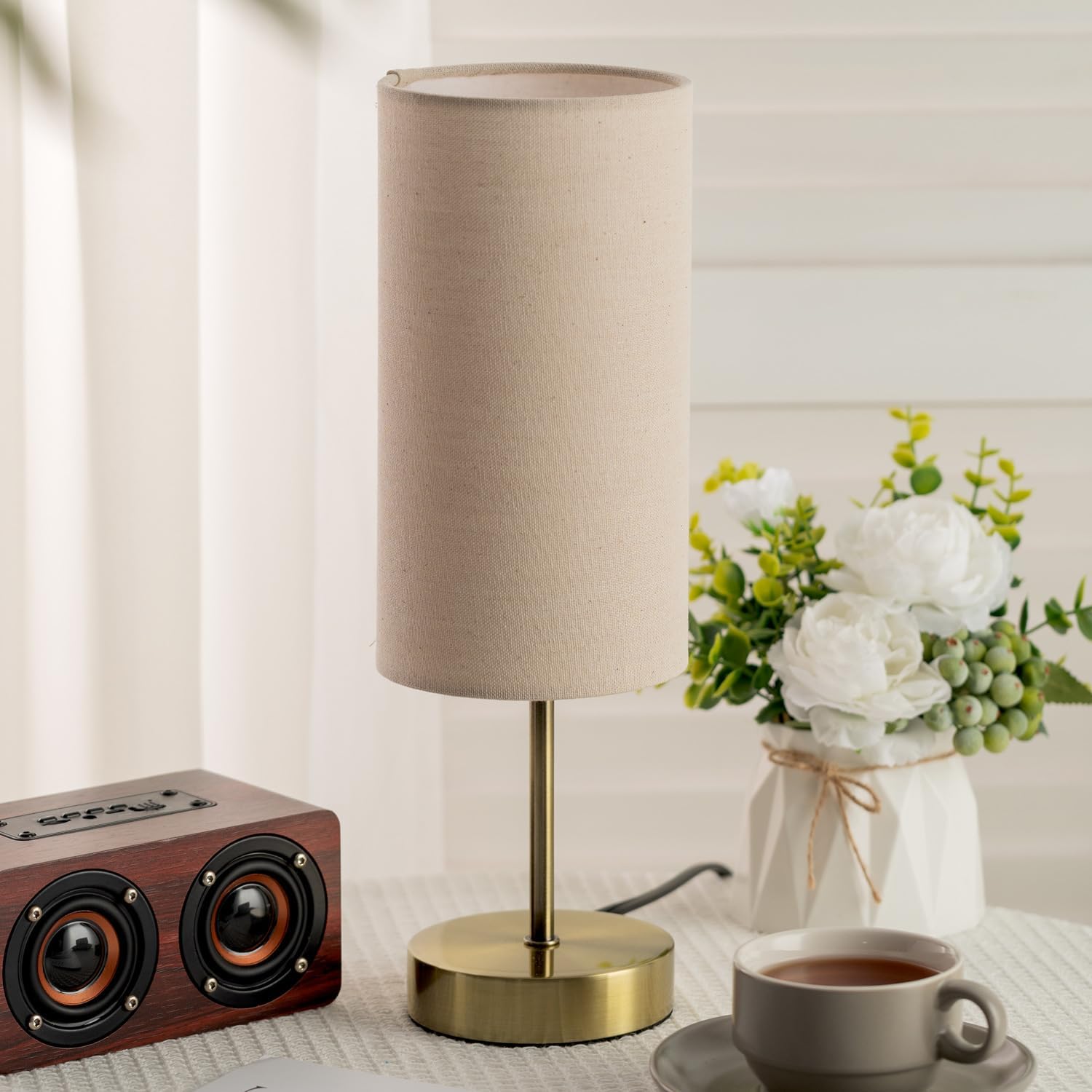 Small Side Table Lamp for Bedroom Night Stands, Round Linen Shade and Antique Brass Metal Base, Retro Minimalist Bedside Lamps for…