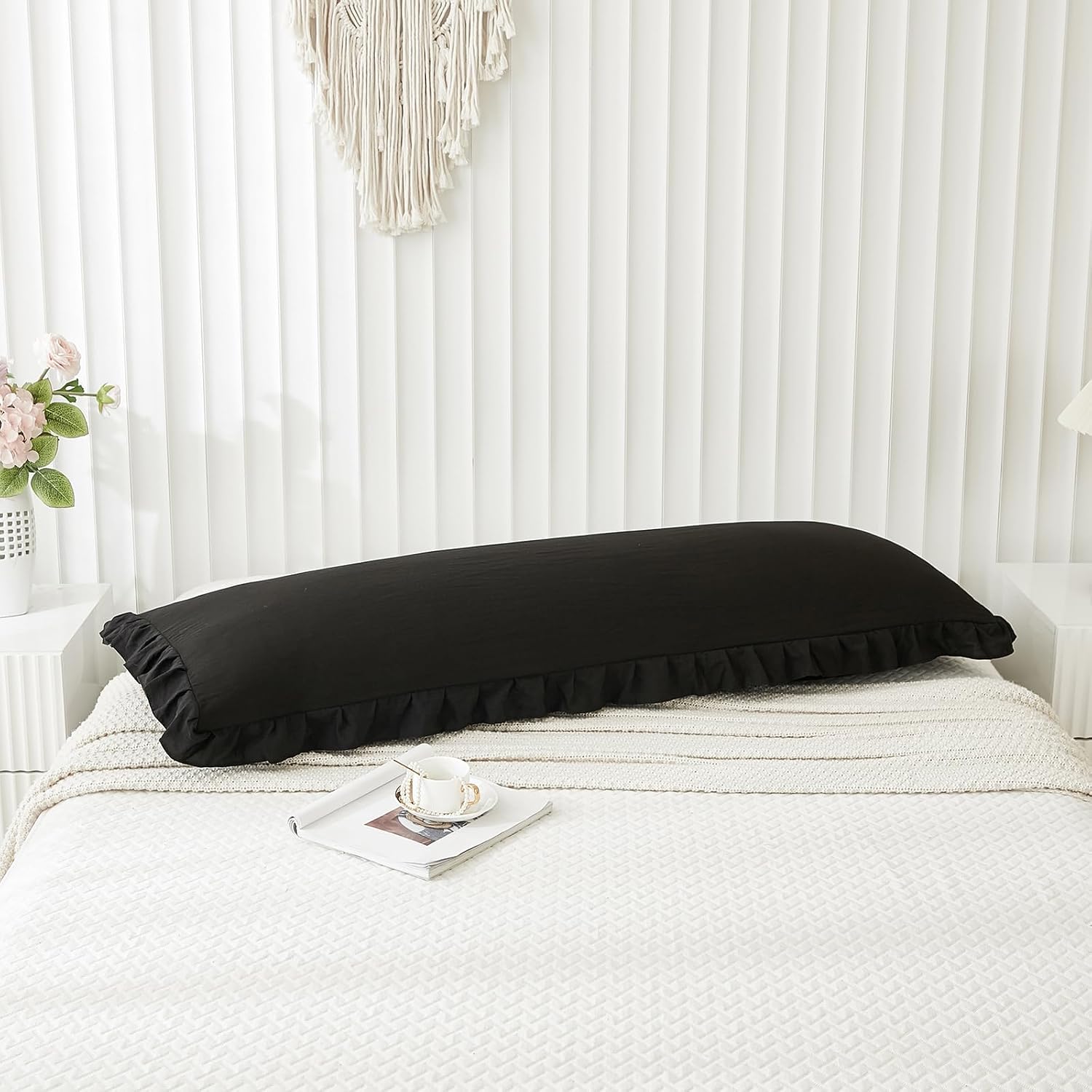 Merryword Black Body Pillow Cover 20x54inches Long Pillowcase Ruffled Pillowcases Shabby Chic Ruffled Fringe Decor Body Ruffled Pillow Sham…