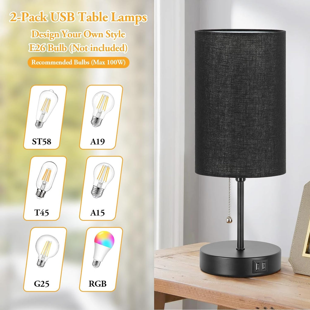 Set of 2 Table Lamps with 2 USB Ports, Bedside Lamps for Bedrooms, Modern Nightstand Lamps with Pull Chain, Minimalist Desk Lamps with…