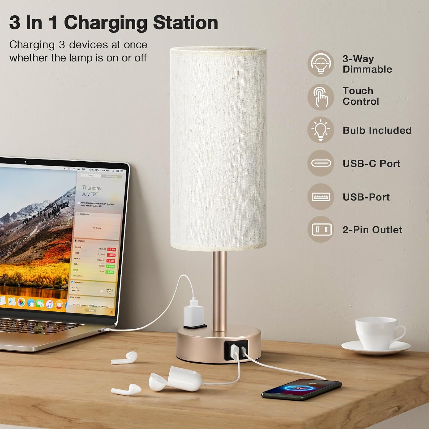 Fenmzee Bedside Table Lamp for Bedroom - 3 Way Dimmable Touch Lamp USB C Charging Ports and AC Outlet, Small Lamp Gold Base Round Flaxen…